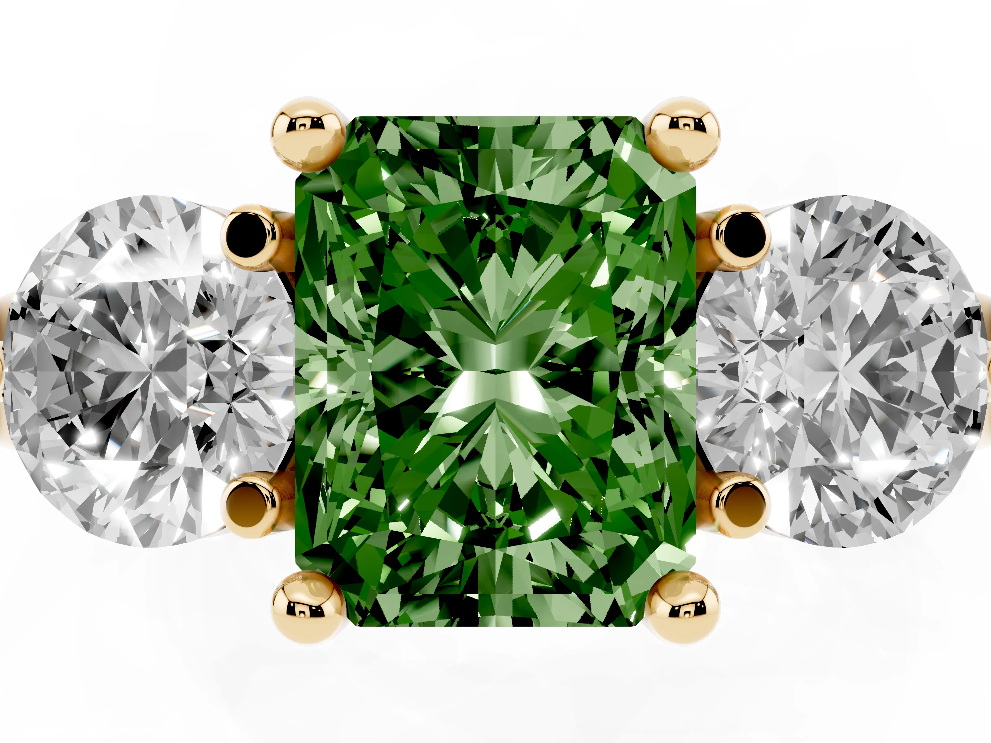 Fancy Green Radiant Cut Diamond Three-Stone Ring Set in Yellow gold with Prong Setting and Classic Band