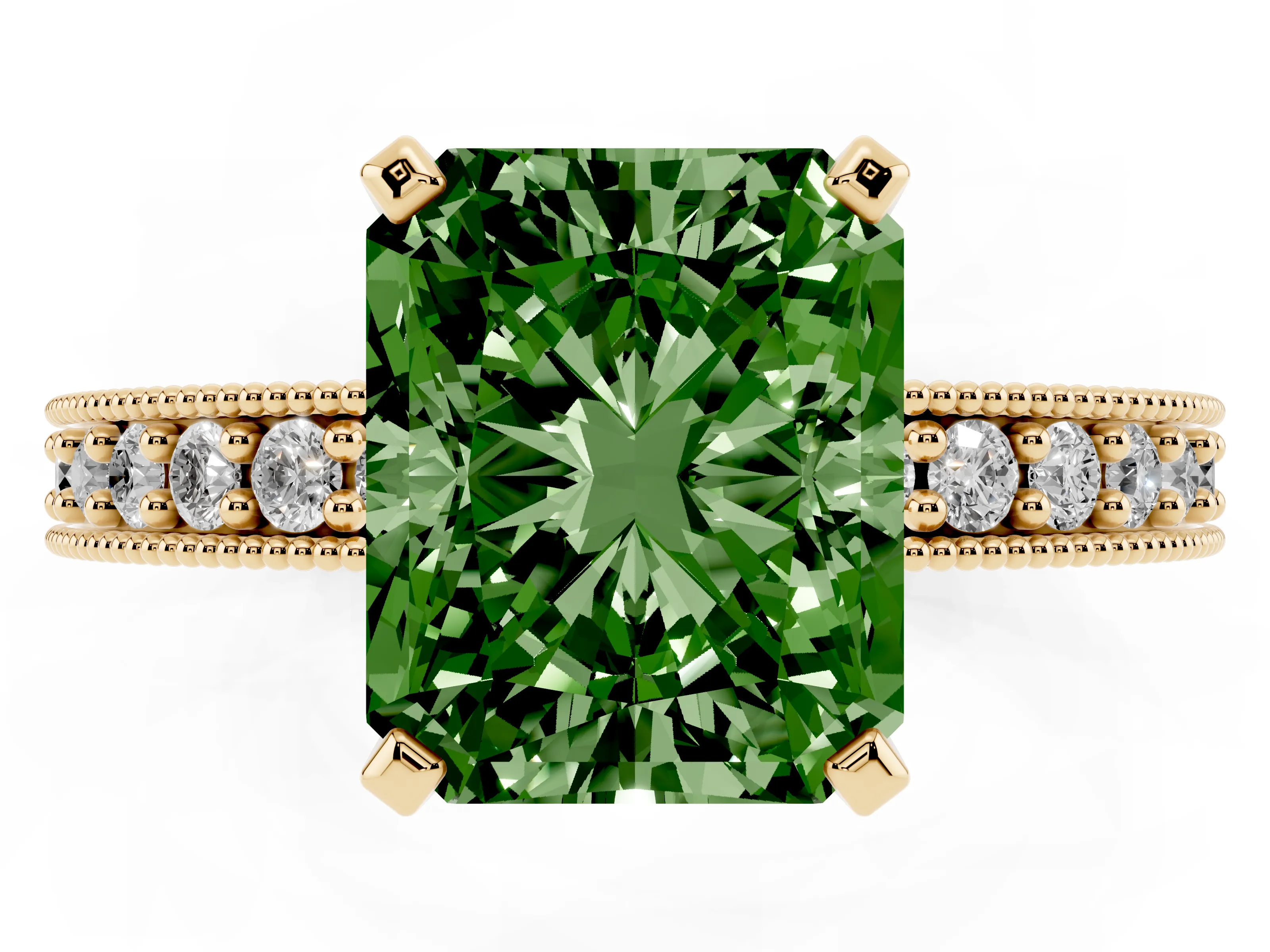 Fancy Green Radiant Cut Diamond Milgrain Pavé Engagement Ring Set in Yellow gold with Prong Setting