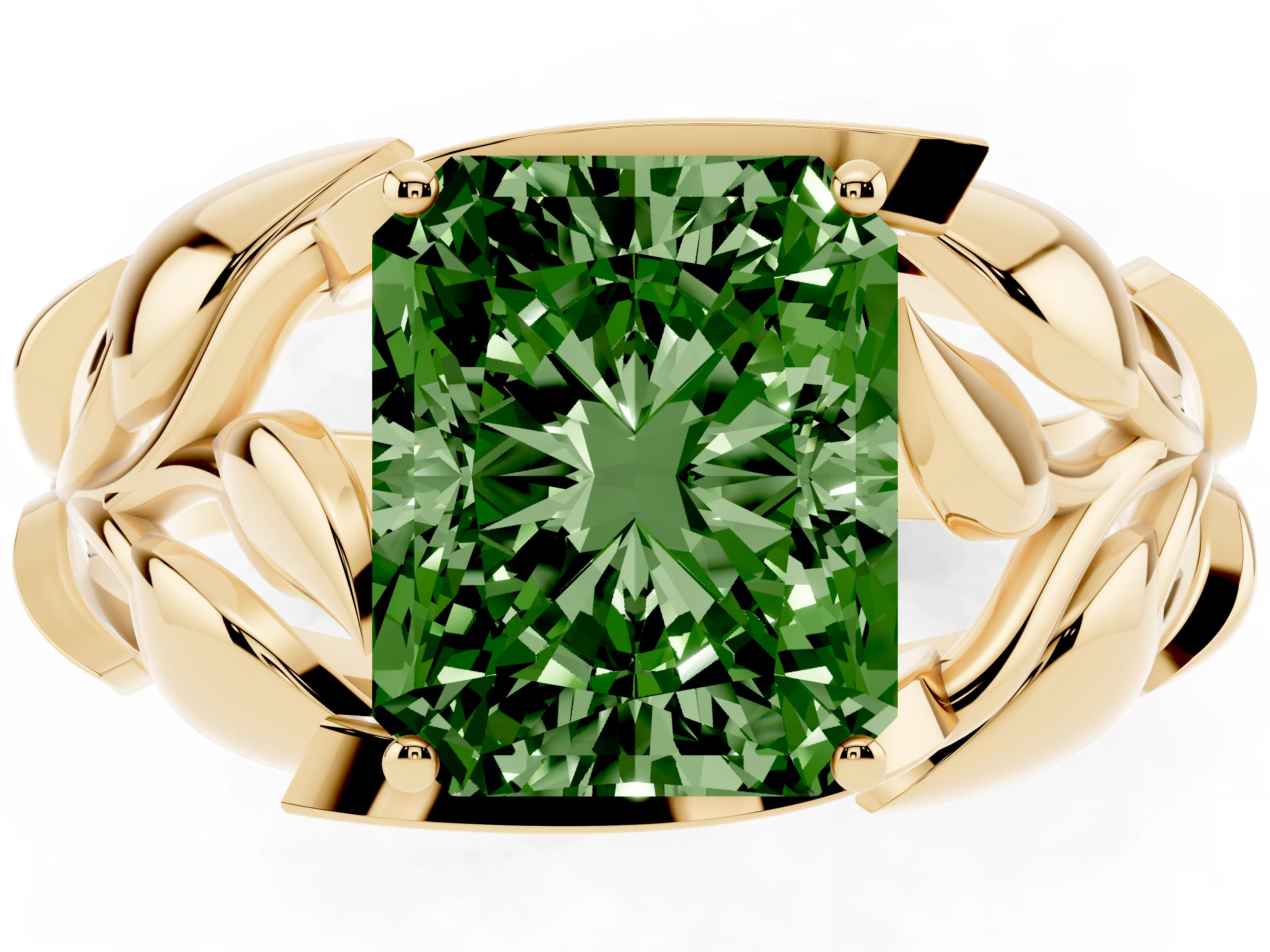 Fancy Green Radiant Cut Diamond Leaf-Inspired Engagement Ring Set in Yellow gold with Round Accents