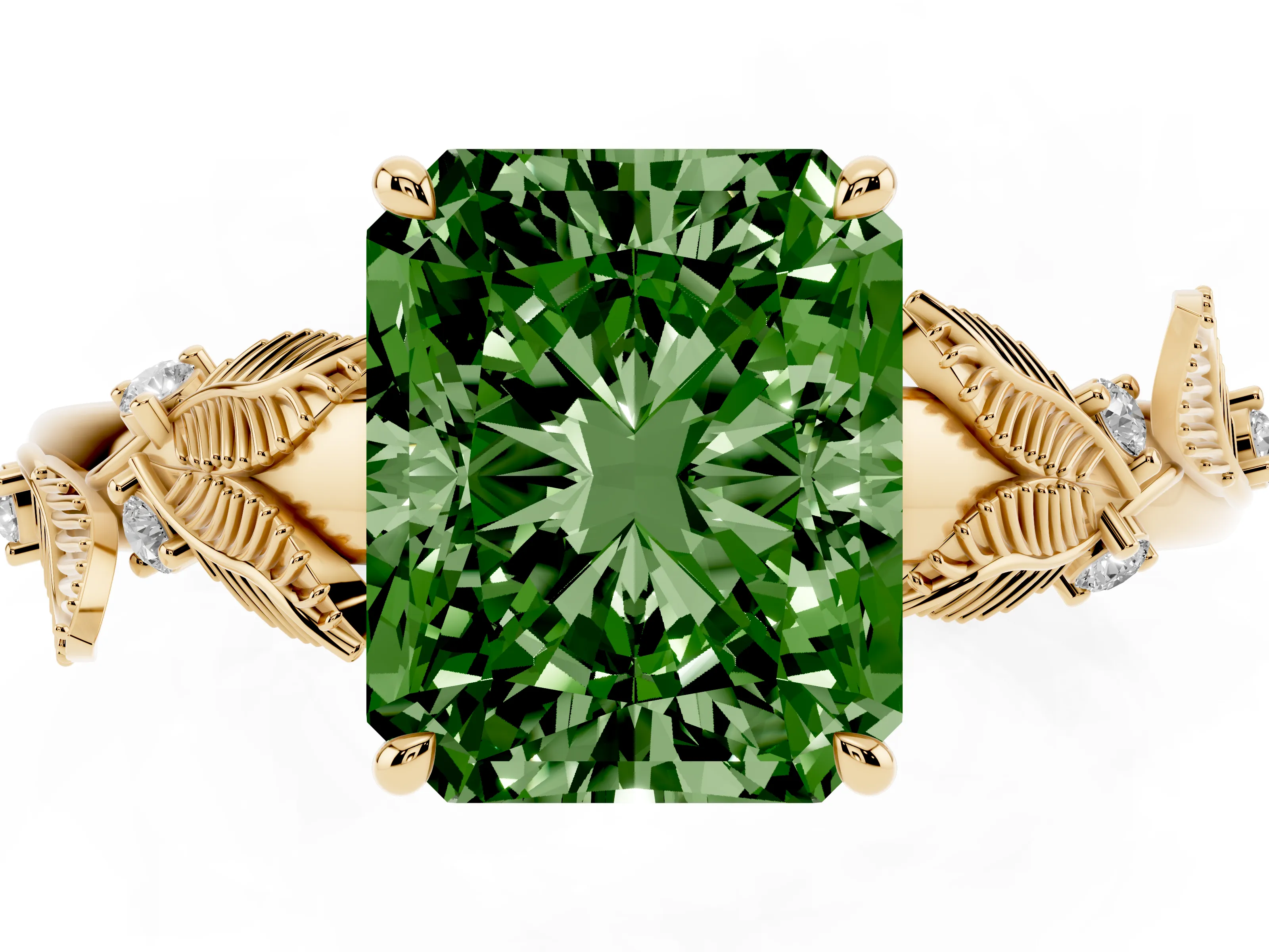 Fancy Green Radiant Cut Diamond Solitaire Ring Set in Yellow gold with Leaf Motif Band