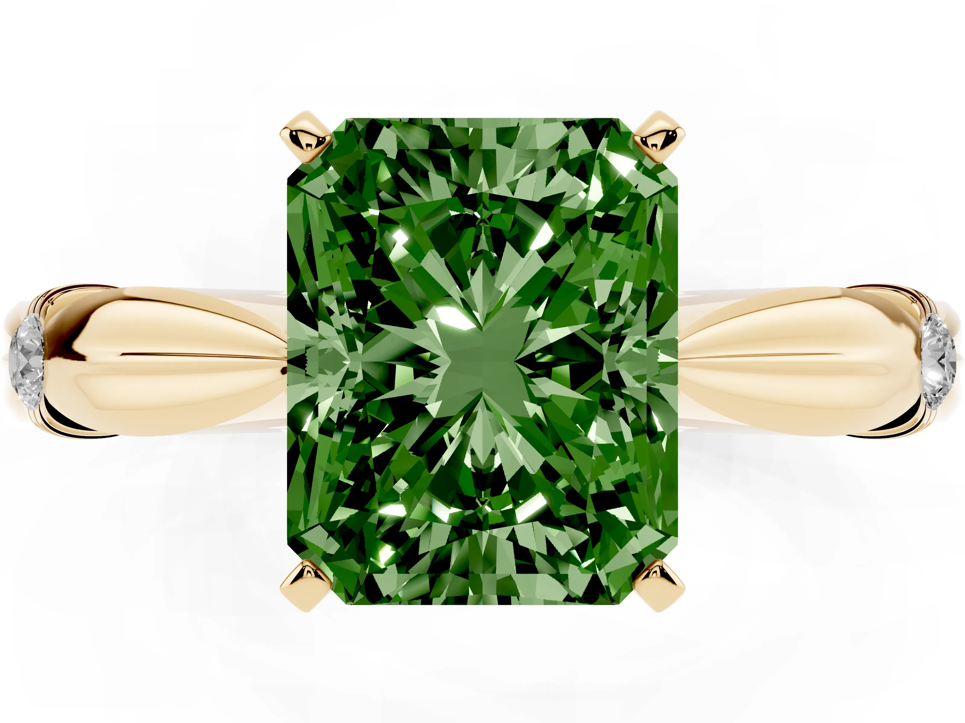 Fancy Green Radiant Cut Diamond Solitaire Twisted Band Ring Set in Yellow gold with Accent Stones and Prong Setting