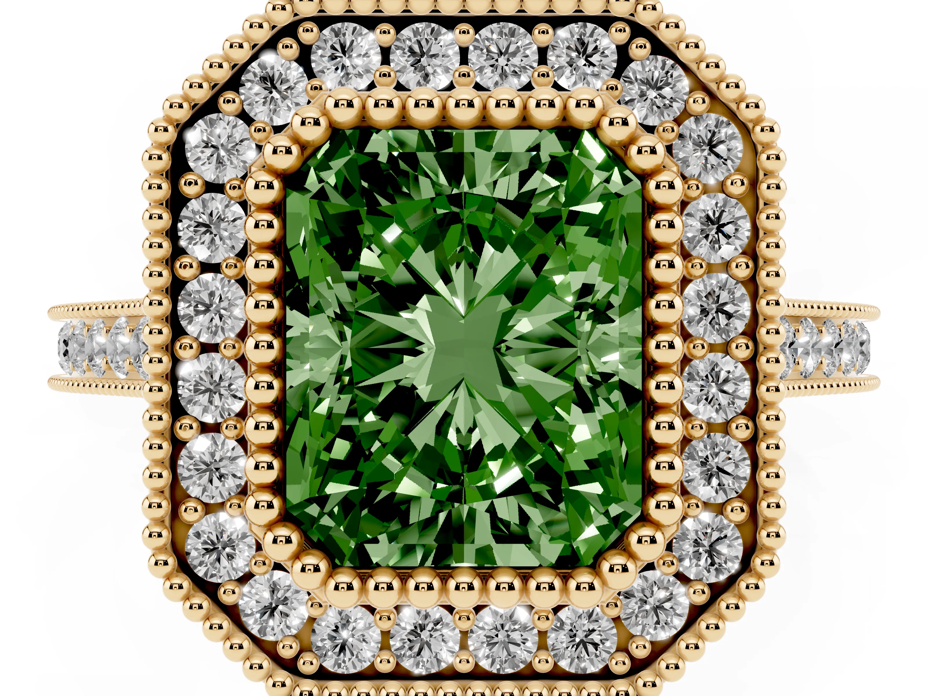 Fancy Green Radiant Cut Diamond Halo Ring Set in Yellow gold with Milgrain Frame and Pavé Band