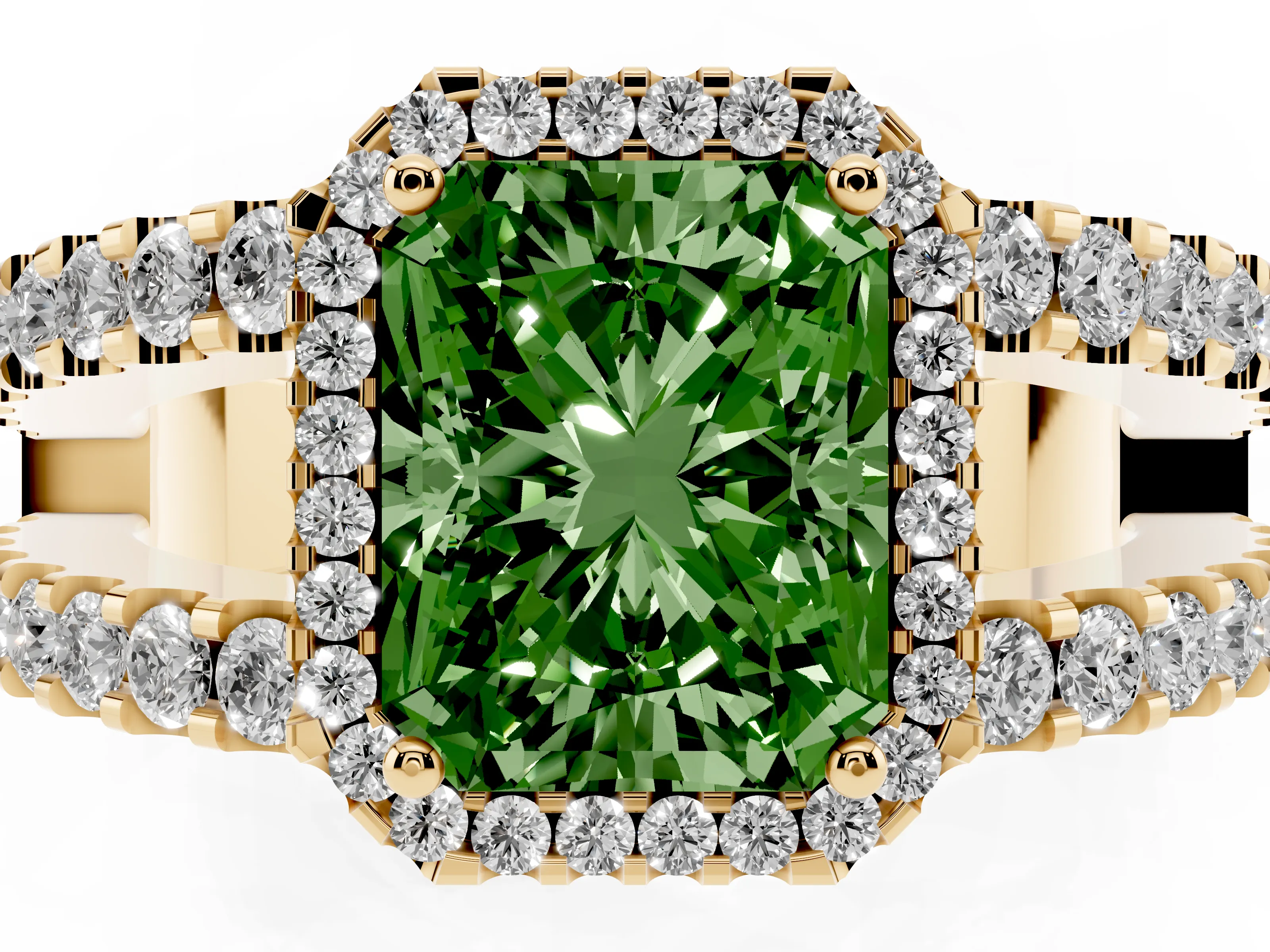Fancy Green Radiant Cut Diamond Halo Ring Set in Yellow gold with Pavé Split Shank and Prong Setting