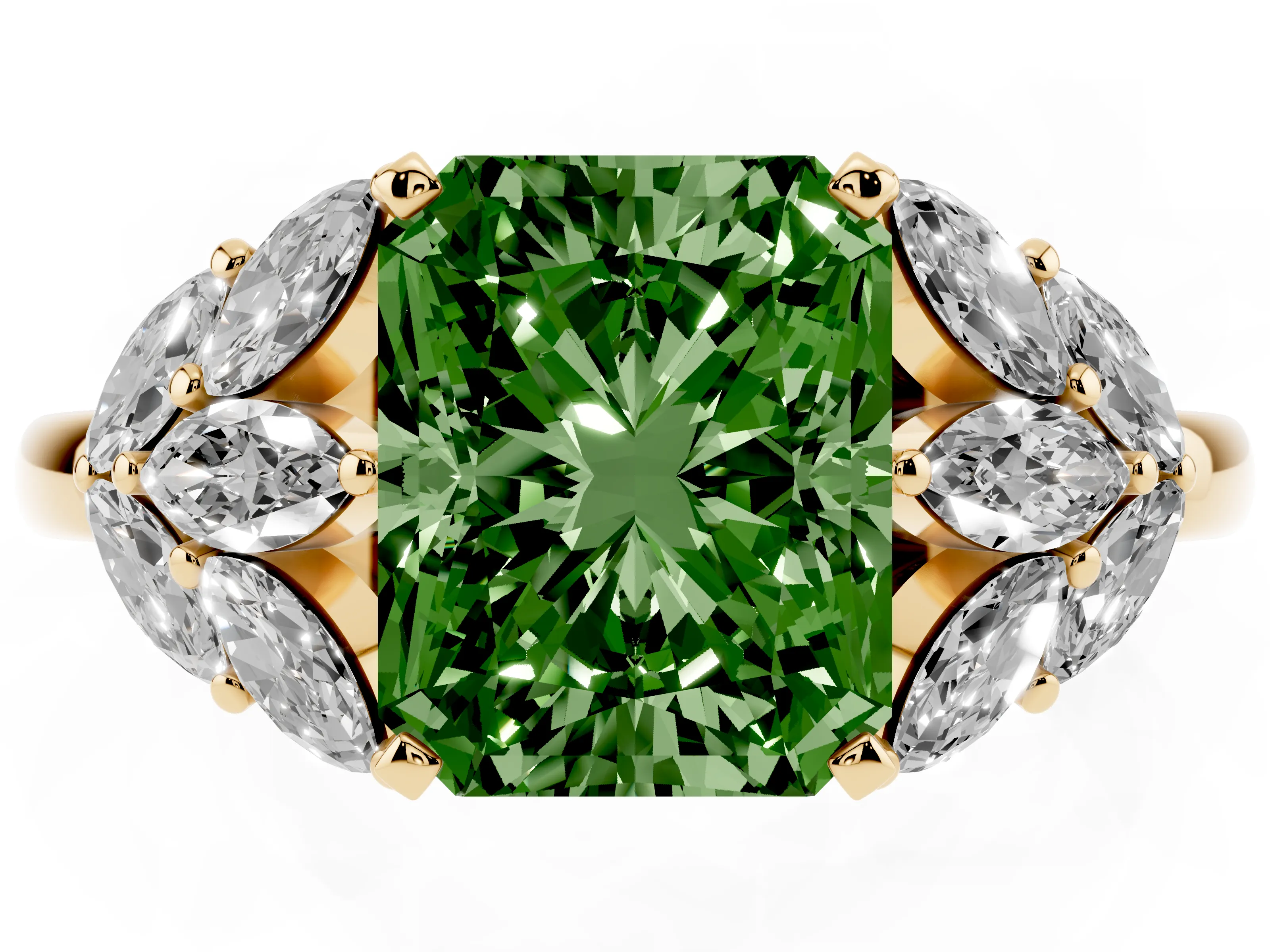Fancy Green Radiant Cut Diamond Cluster Leaf Design Ring Set in Yellow gold with Prong Setting
