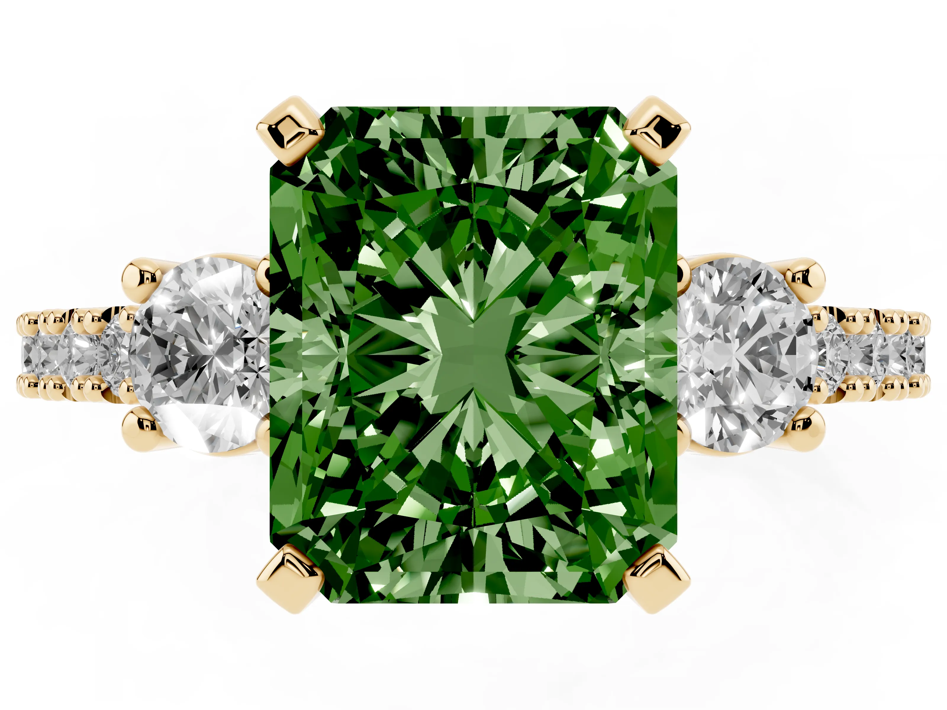 Fancy Green Three-Stone Radiant Cut Diamond Pavé Band Ring Set in Yellow gold with Prong Setting