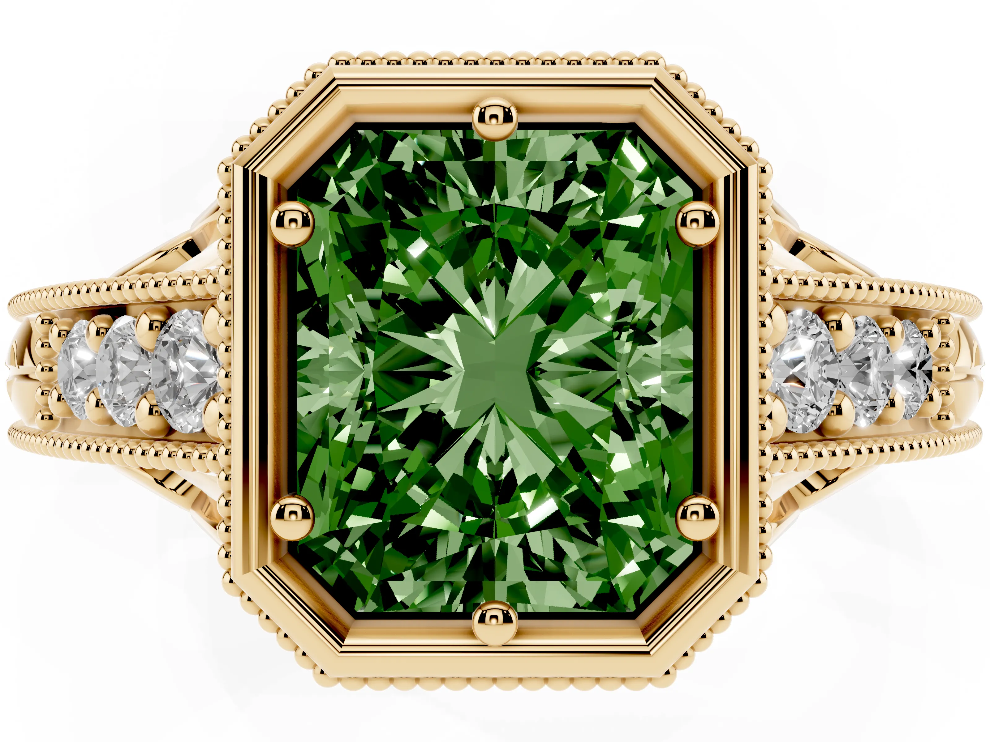 Fancy Green Bezel Set Radiant Cut Diamond Milgrain Pavé Engagement Ring Set in Yellow gold