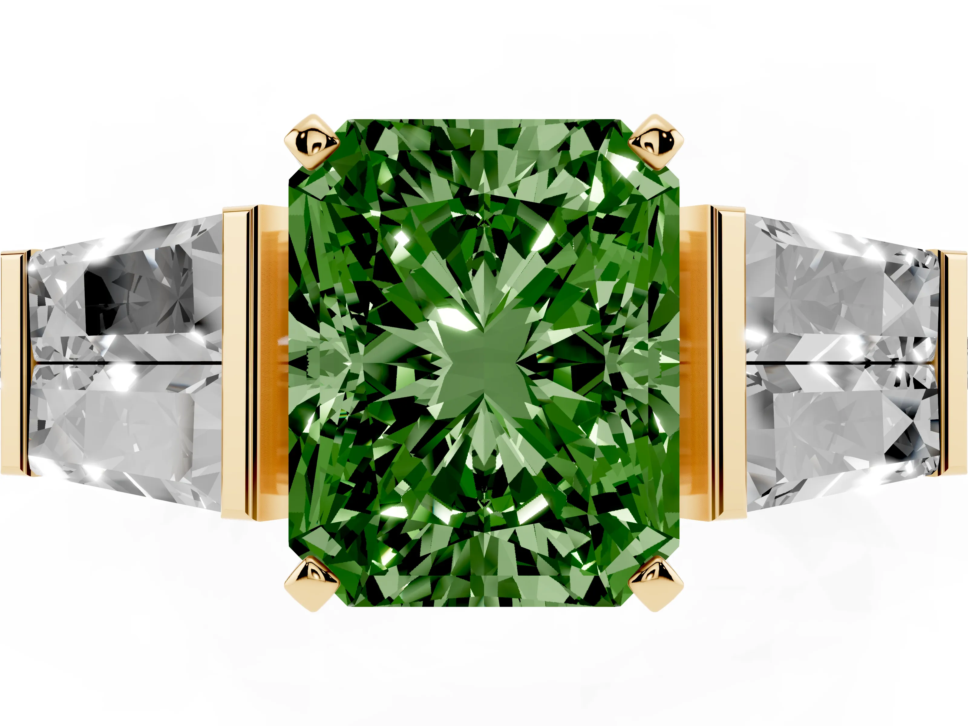 Fancy Green Radiant Cut Diamond Engagement Ring Set in Yellow gold with Baguette Side Stones and Channel Set Band