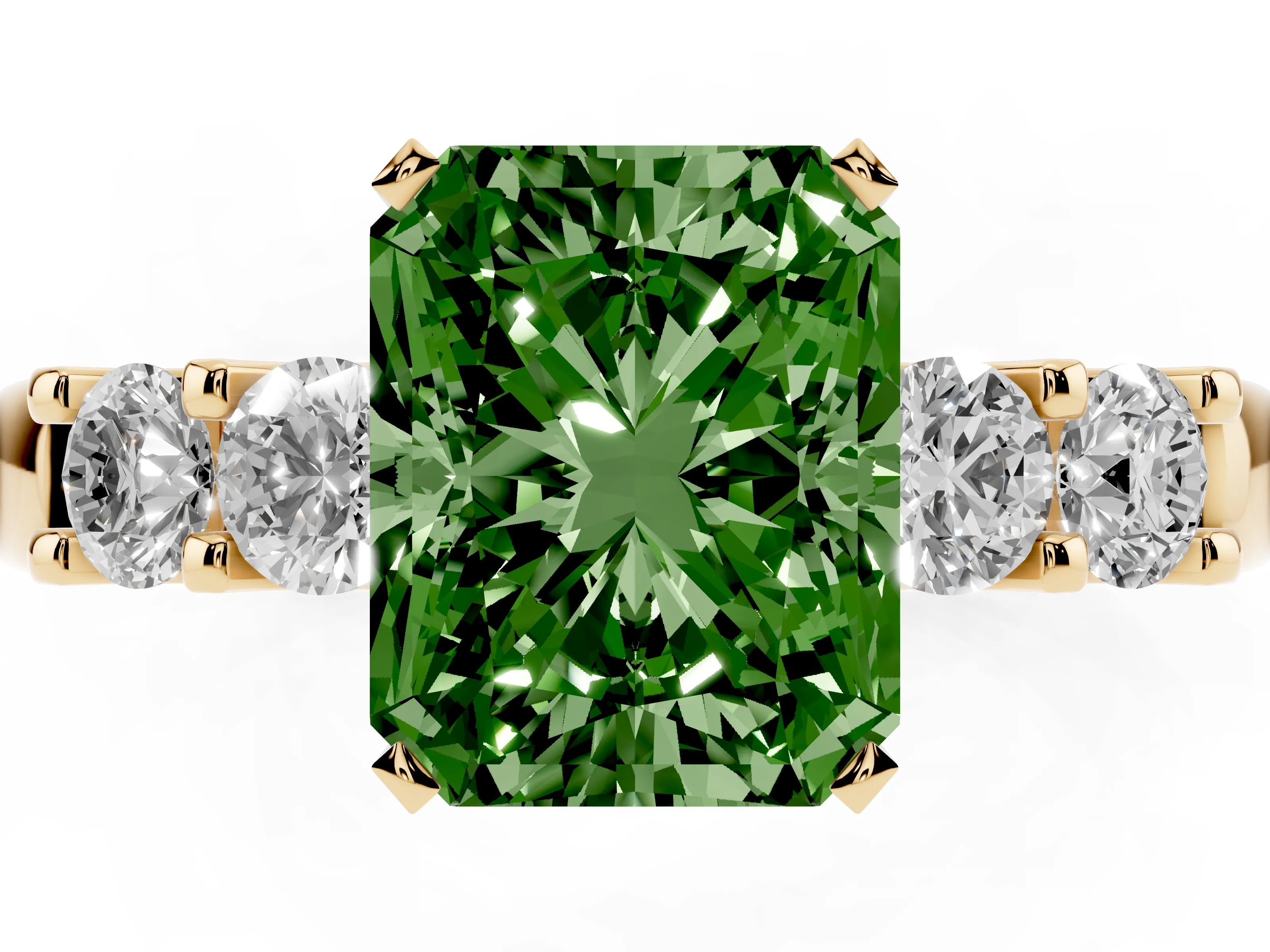 Fancy Green Radiant Cut Diamond Five-Stone Prong Set Engagement Ring Set in Yellow gold with Channel Band