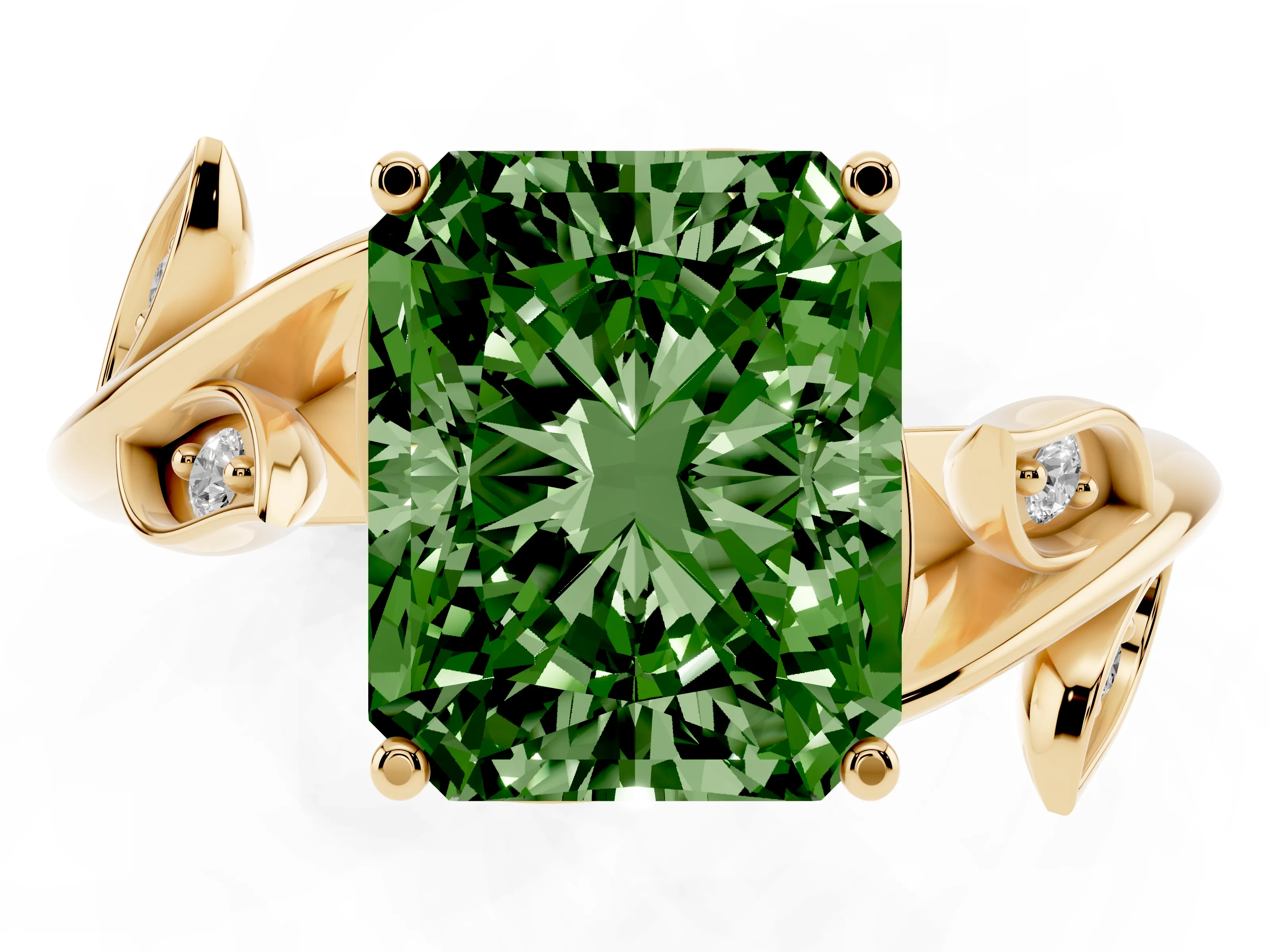 Fancy Green Radiant Cut Diamond Solitaire Twist Engagement Ring Set in Yellow gold with Pavé Leaf Accents