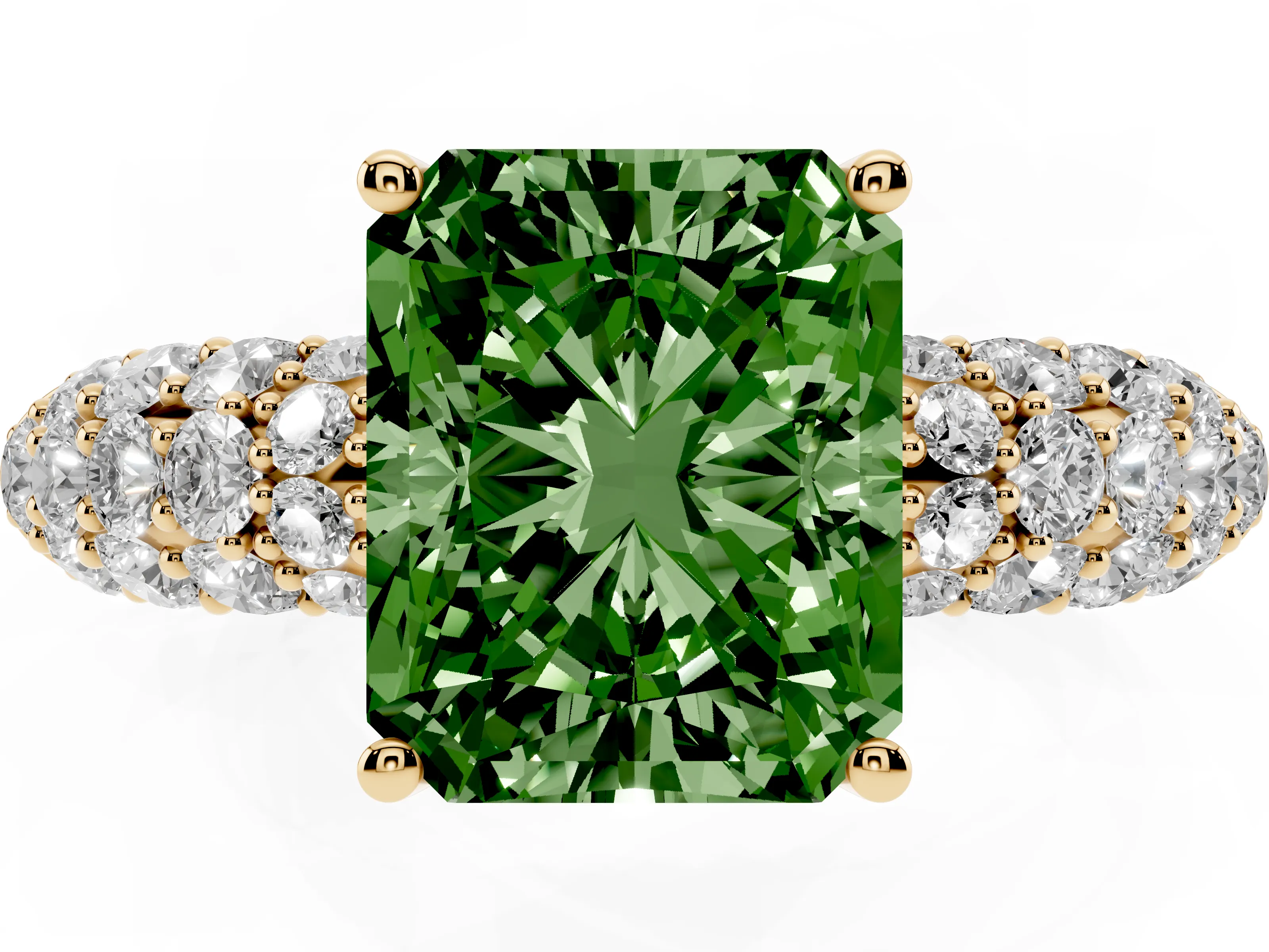 Fancy Green Radiant Cut Diamond Pavé Band Solitaire Ring Set in Yellow gold with Close-Set Accent Stones and Prong Setting