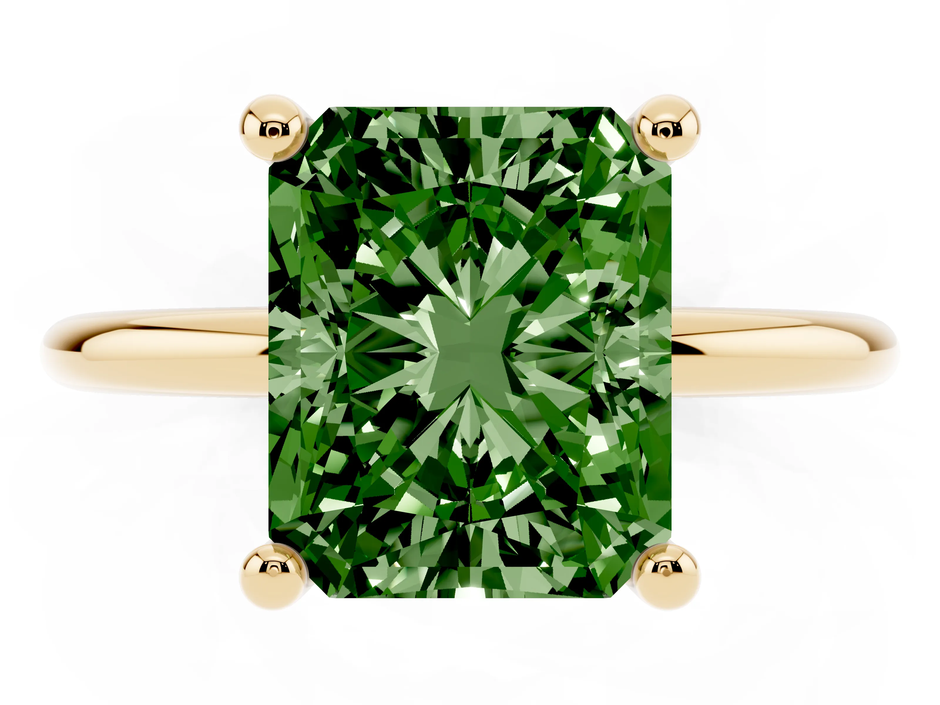 Fancy Green Radiant Cut Diamond Solitaire Ring Set in Yellow gold with Secure Prong Setting on a Classic Band