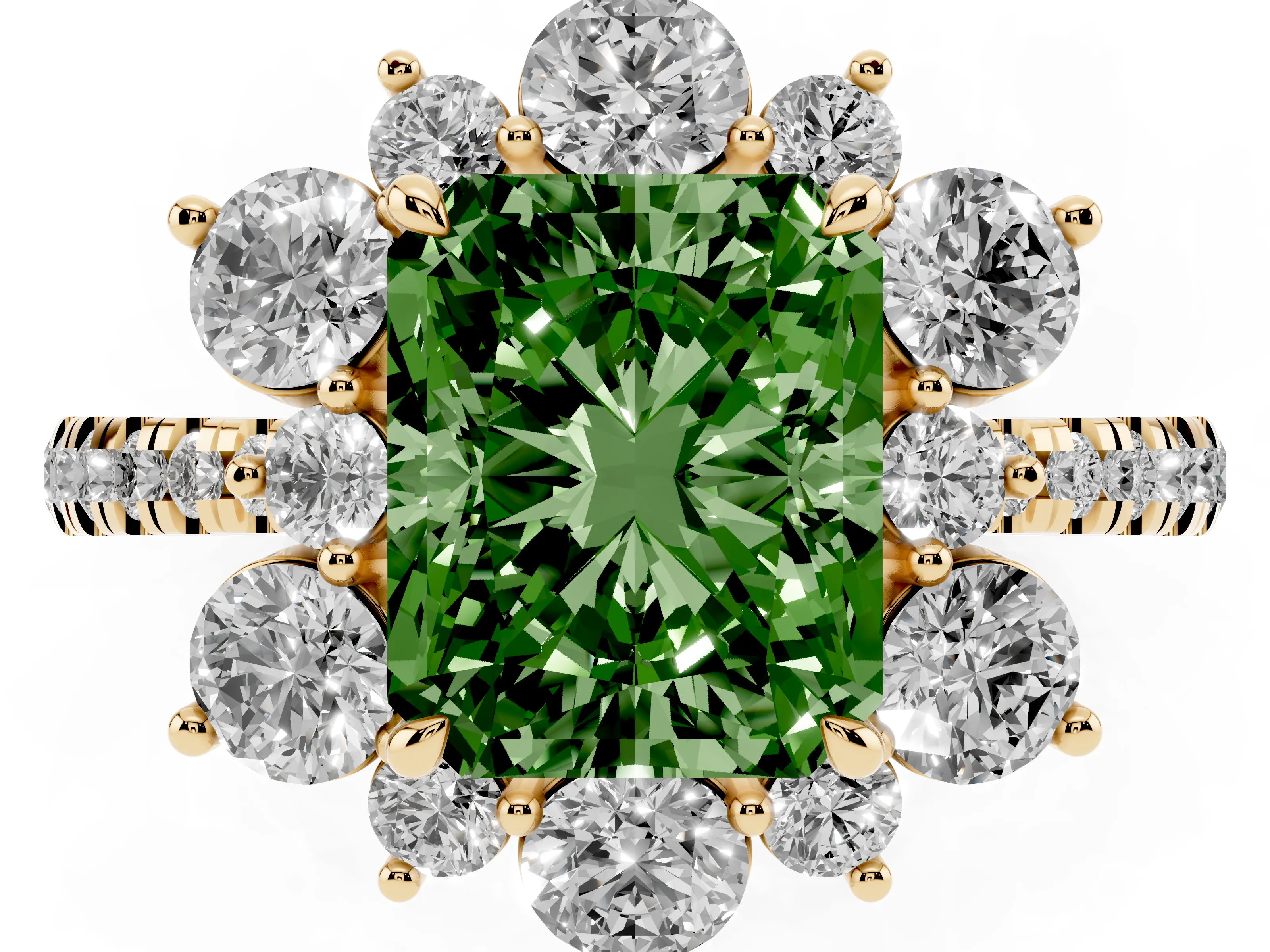 Fancy Green Radiant Cut Diamond Floral Halo Ring Set in Yellow gold with Round Pavé Band and Prong Setting