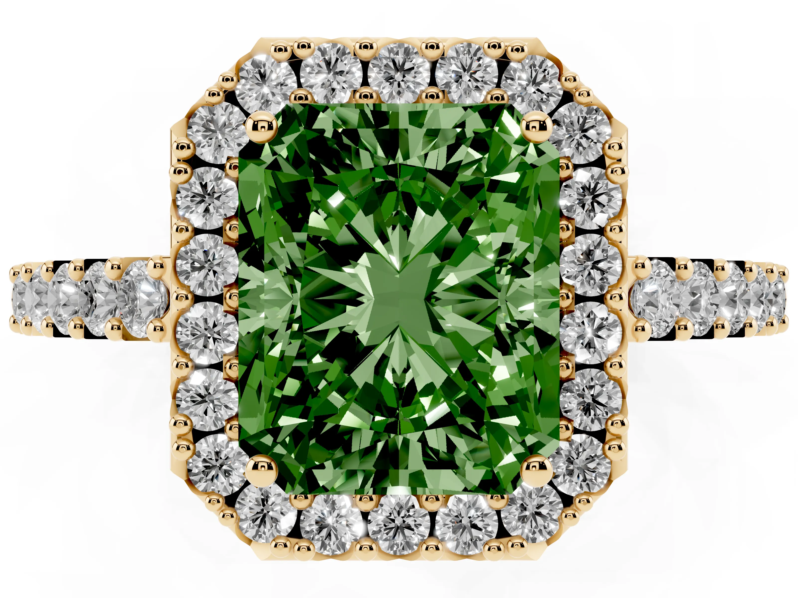 Fancy Green Radiant Cut Diamond Halo Pavé Solitaire Ring Set in Yellow gold with Prong-Set Center Stone