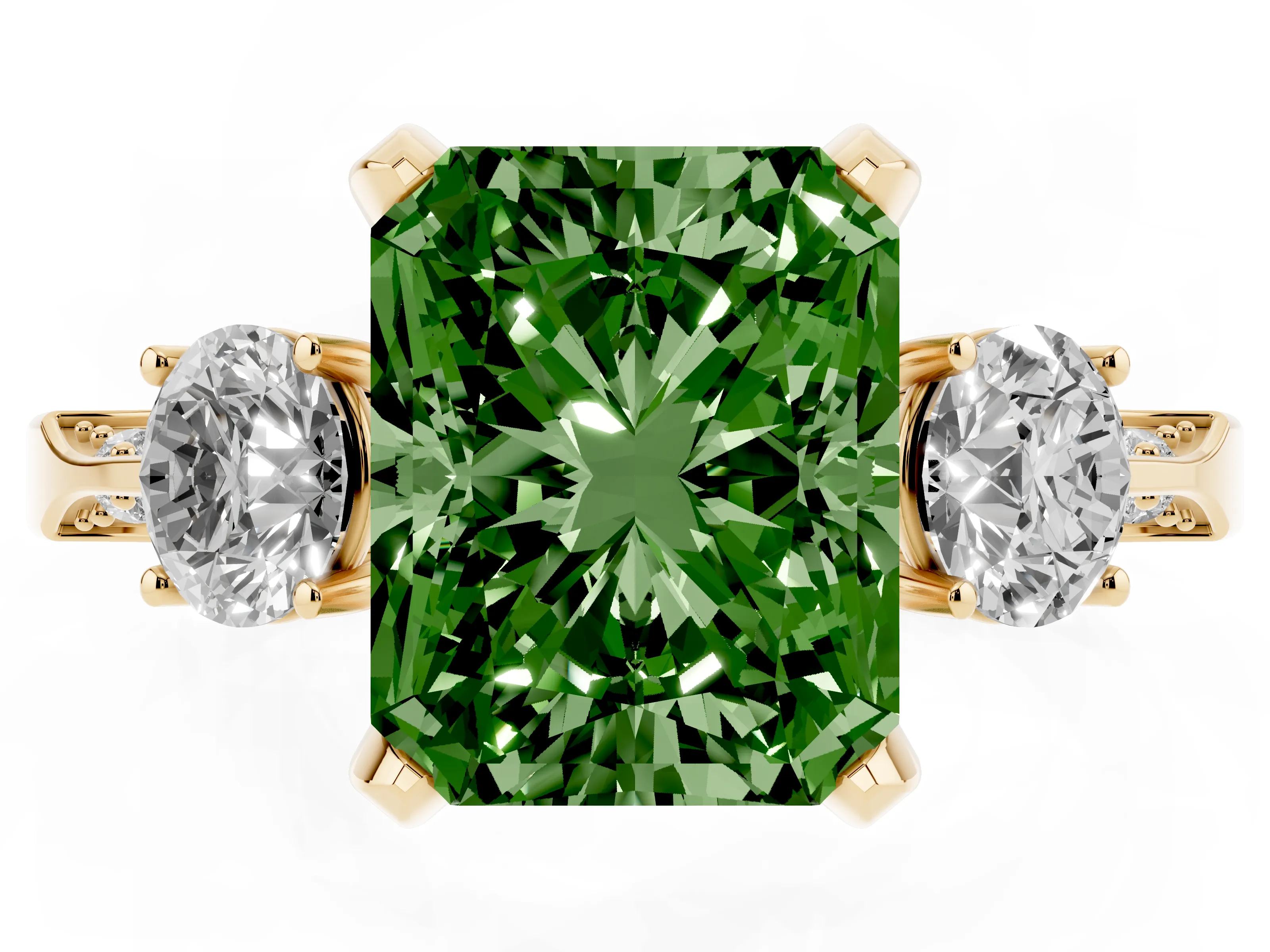 Fancy Green Radiant Cut Diamond Three-Stone Ring Set in Yellow gold with Pavé Band and Smaller Side Stones