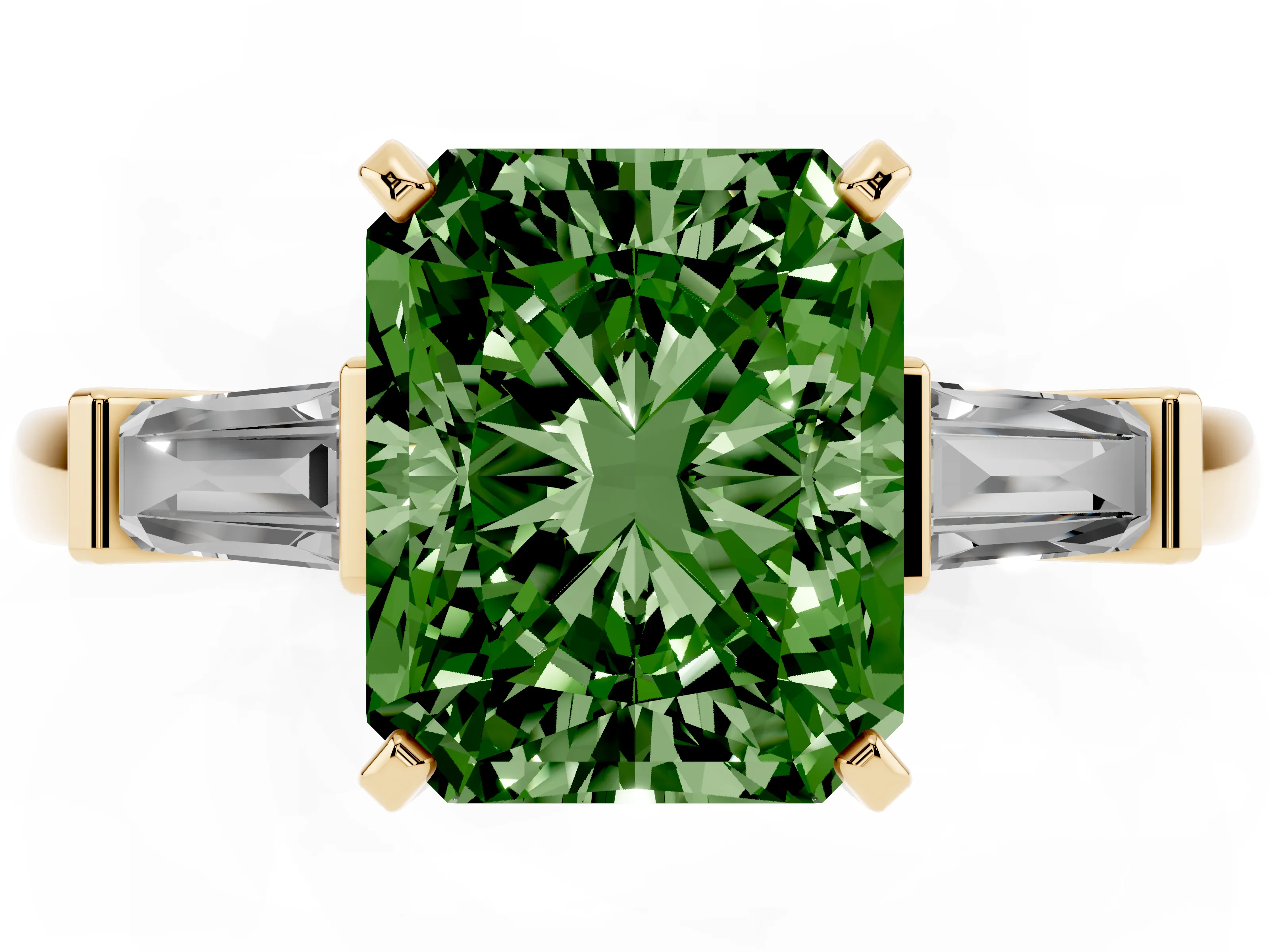 Fancy Green Radiant Cut Diamond Solitaire Ring Set in Yellow gold with Tapered Baguette Accents and Prong Setting