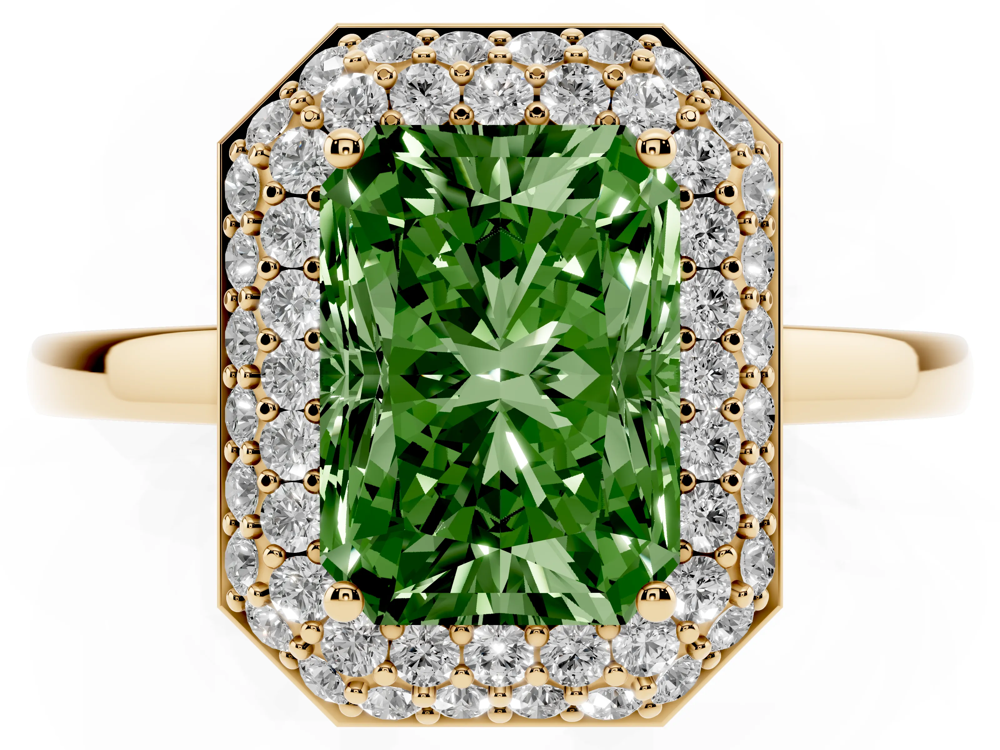 Fancy Green Radiant Cut Diamond Halo Engagement Ring Set in Yellow gold with Solitaire Band and Prong Setting