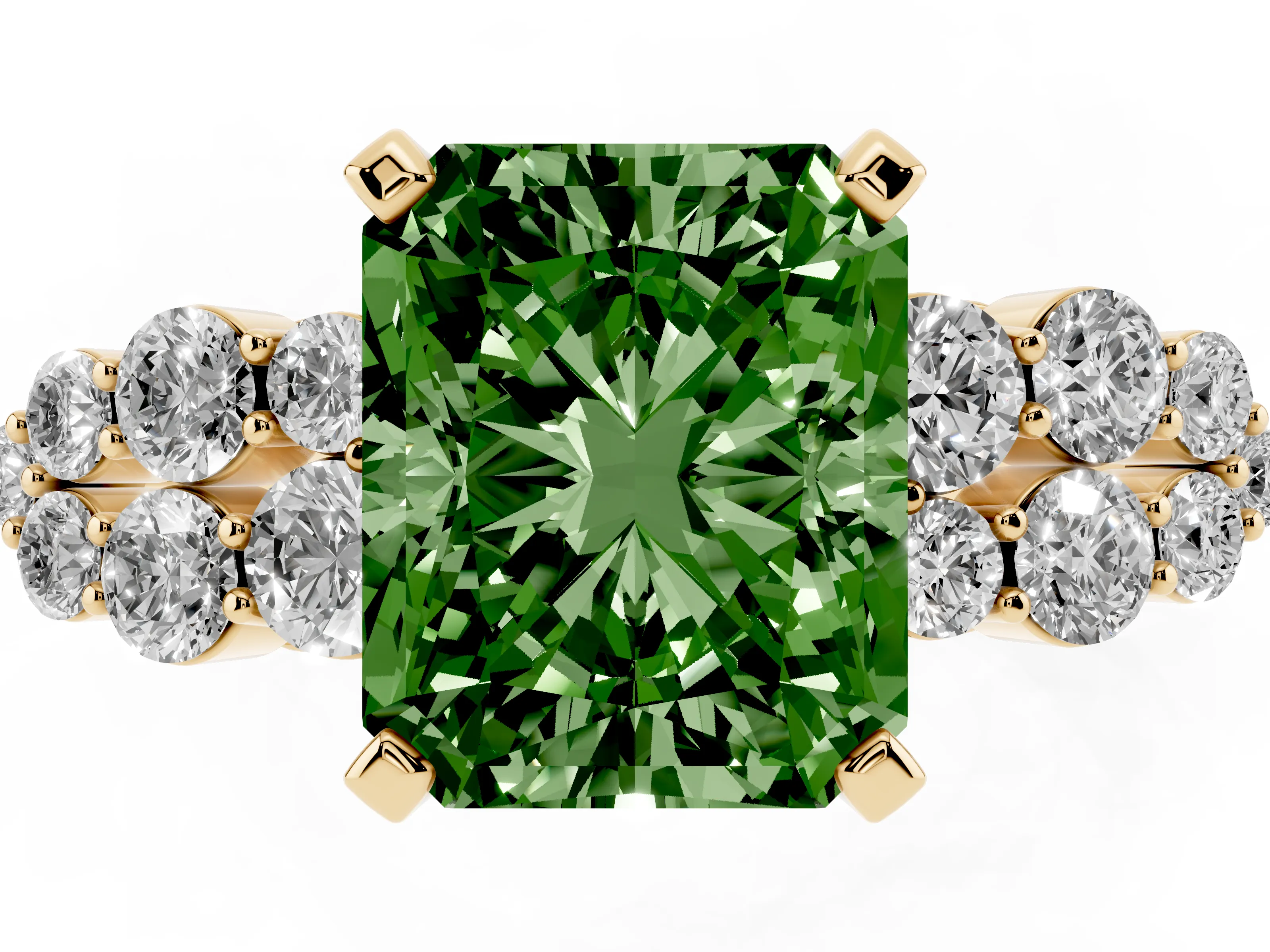 Fancy Green Radiant Cut Diamond Cluster Engagement Ring Set in Yellow gold with Pavé Band and Prong Setting