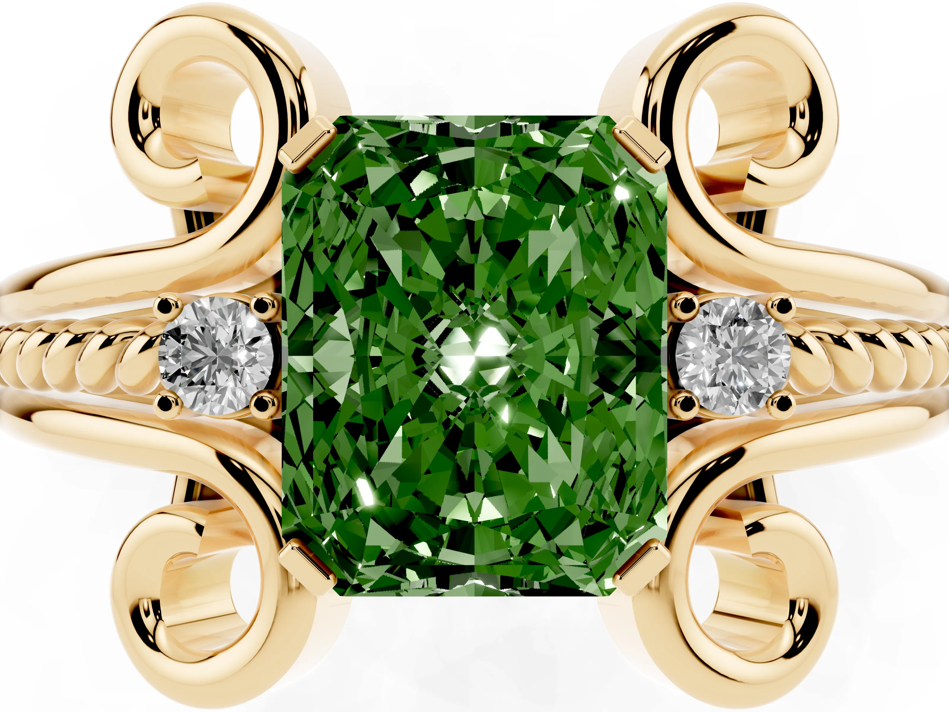 Fancy Green Radiant Cut Diamond Twisted Band Solitaire Ring Set in Yellow gold with Scroll Prongs