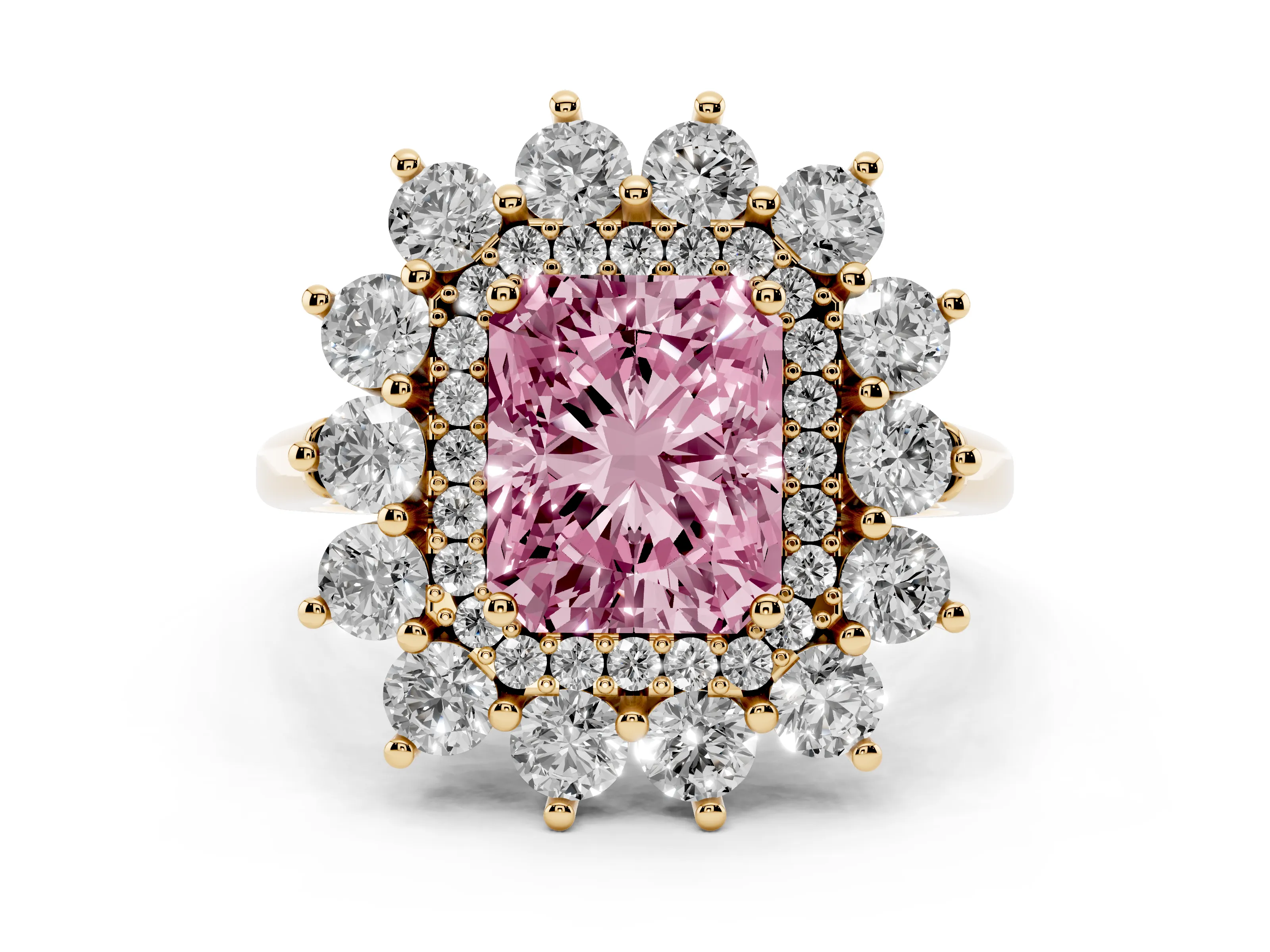 Fancy Pink Radiant Cut Diamond Floral Double Halo Ring Set in Yellow gold with Round Petals