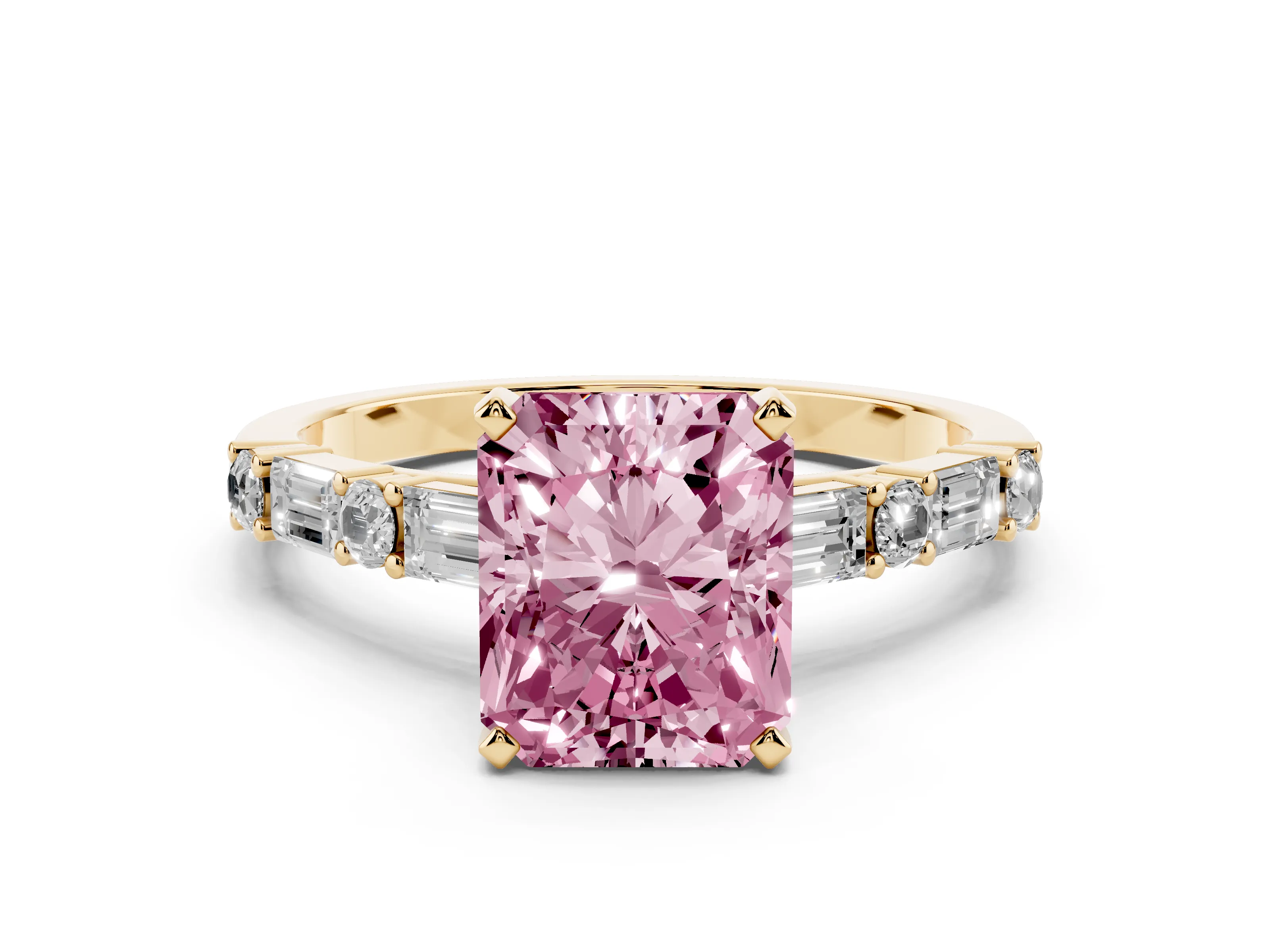 Fancy Pink Radiant Cut Diamond Solitaire Set in Yellow gold with Side Baguettes and Channel Set Band
