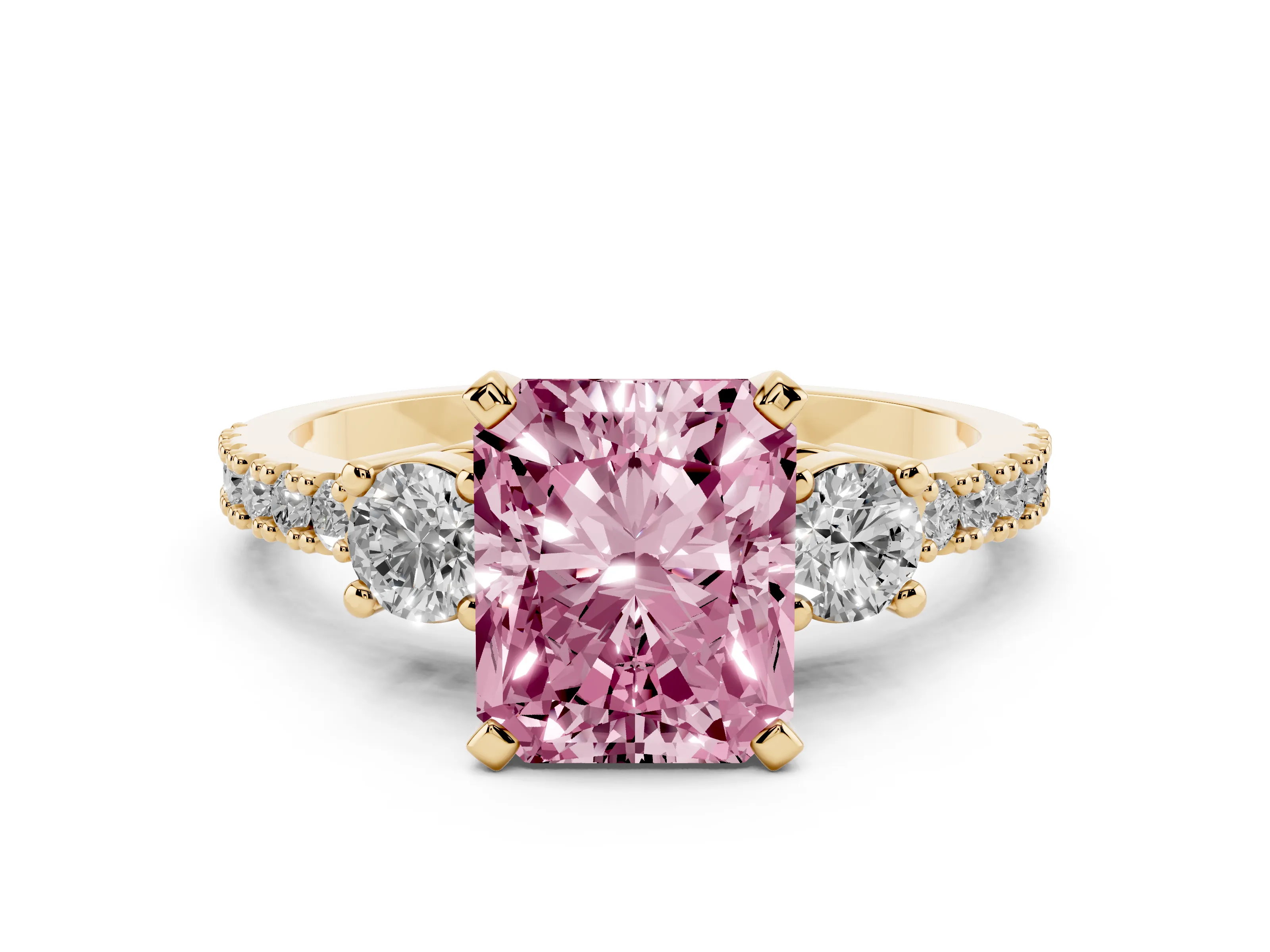 Fancy Pink Three-Stone Radiant Cut Diamond Pavé Band Ring Set in Yellow gold with Prong Setting