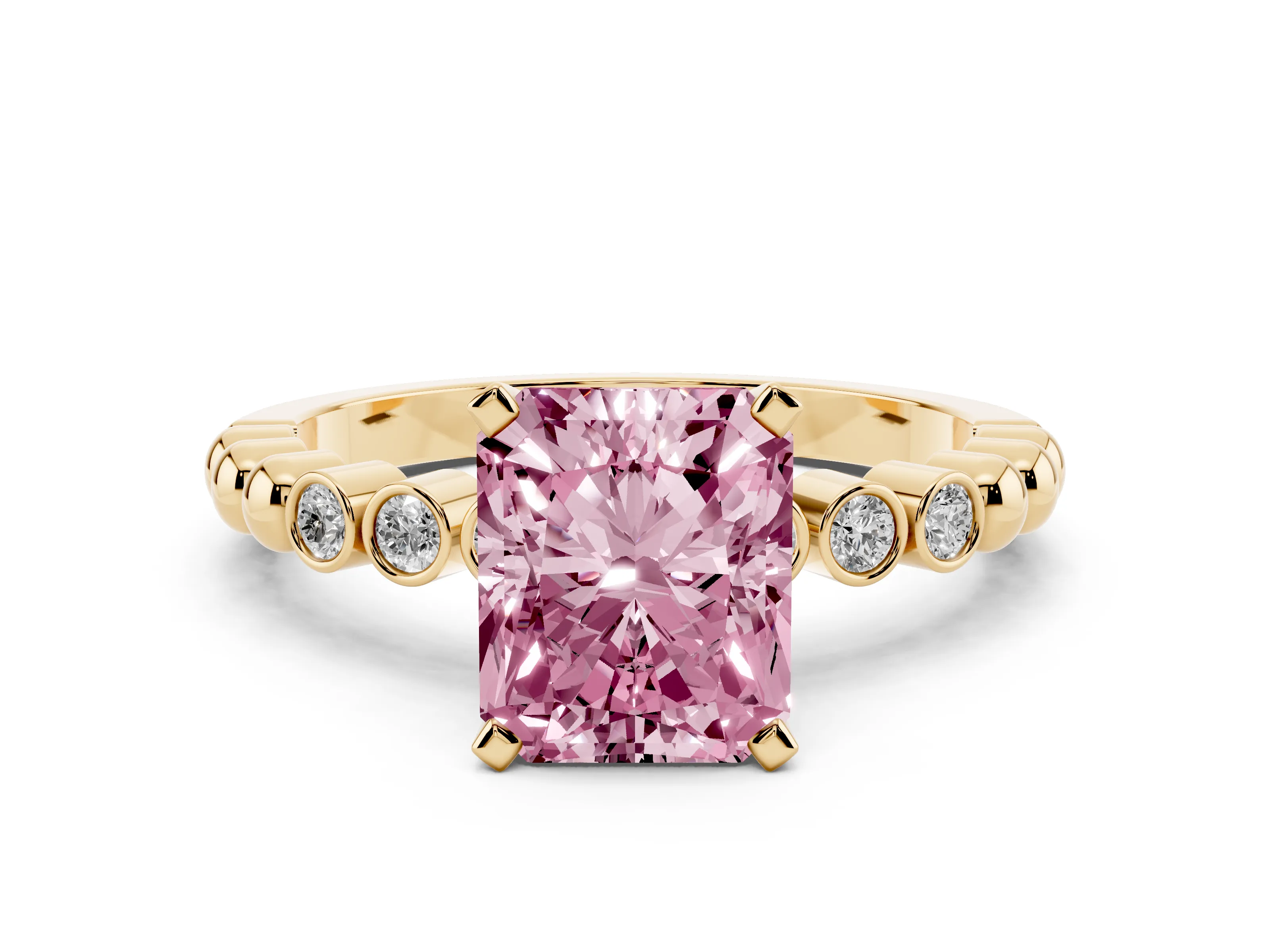Fancy Pink Radiant Cut Diamond Solitaire Engagement Ring Set in Yellow gold with Bezel Accents on Beaded Band