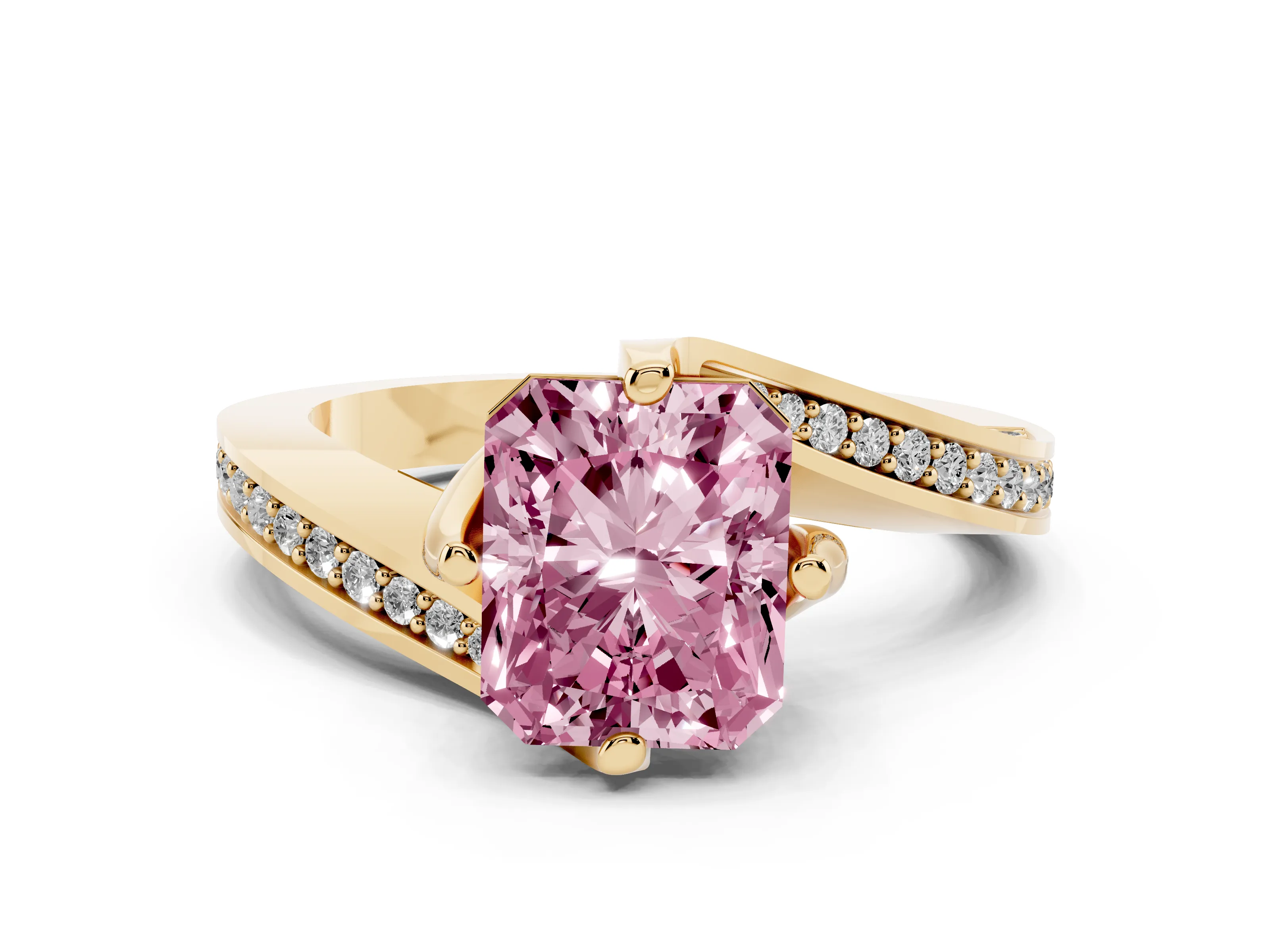Fancy Pink Radiant Cut Diamond Solitaire Ring Set in Yellow gold with Intertwined Pavé Twist Band