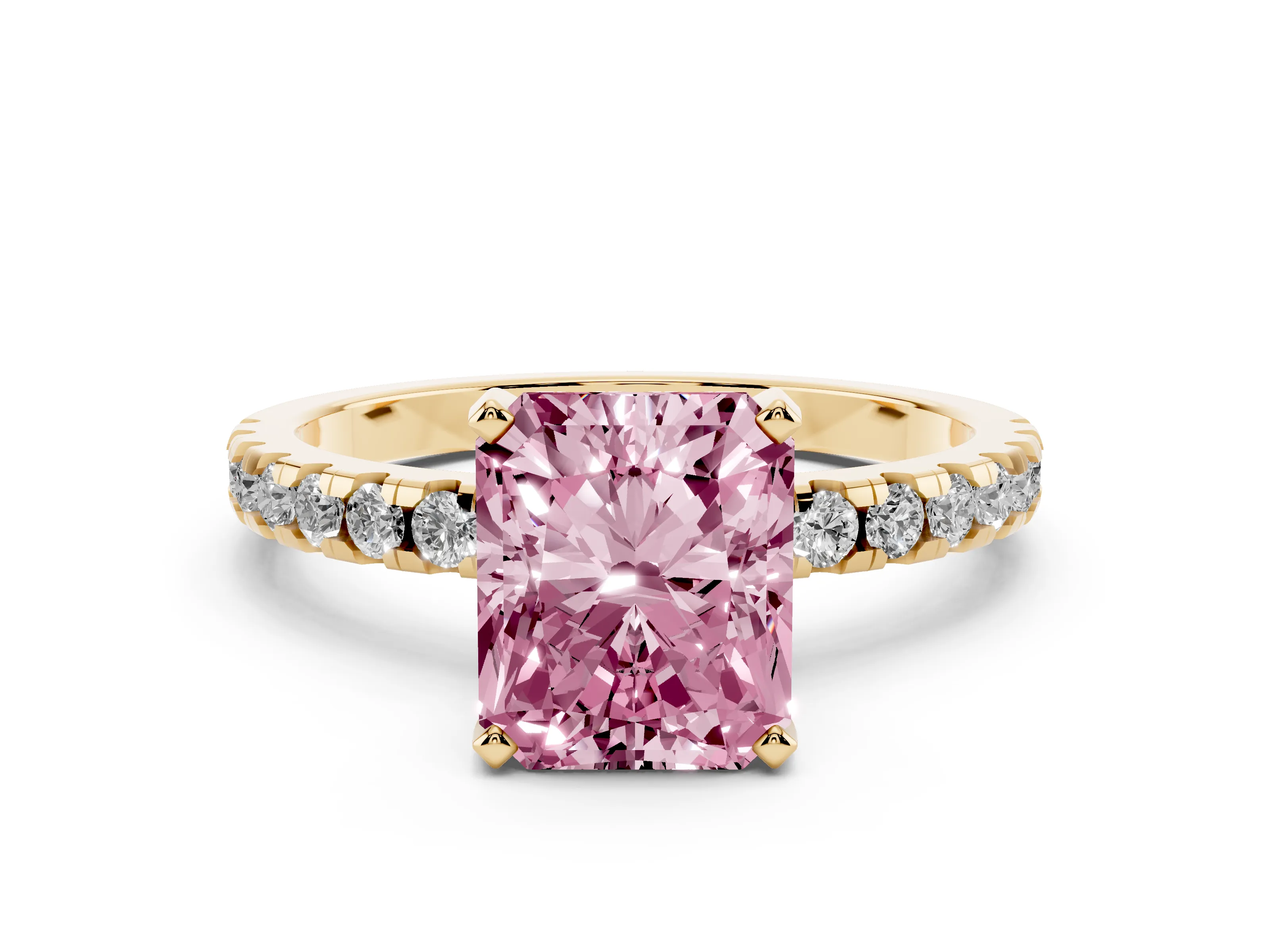 Fancy Pink Radiant Cut Diamond Pavé Solitaire Ring Set in Yellow gold with Round Band Accents and Prong Setting
