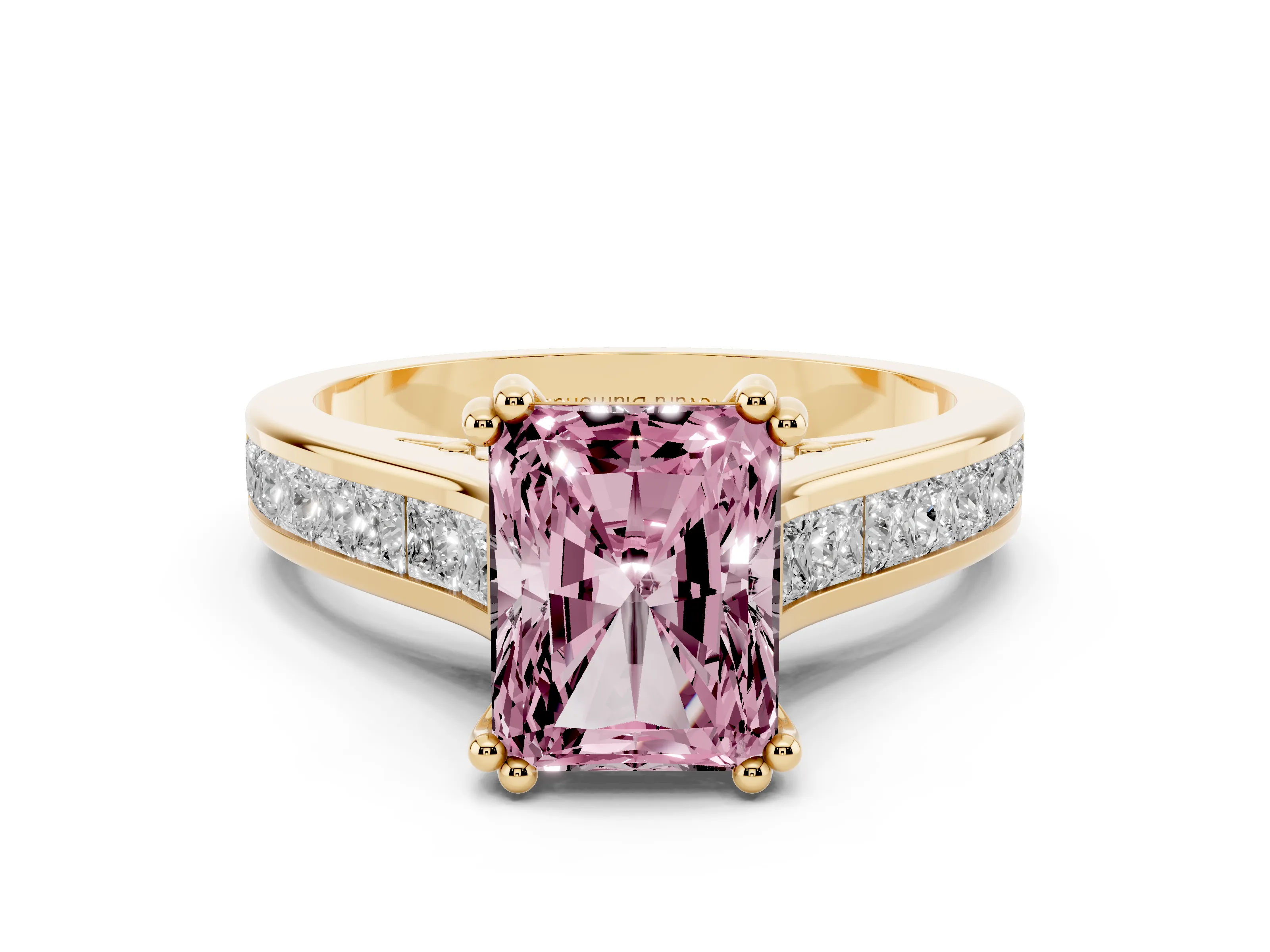 Fancy Pink Radiant Cut Diamond Channel Set Solitaire Engagement Ring Set in Yellow gold with Prong Setting