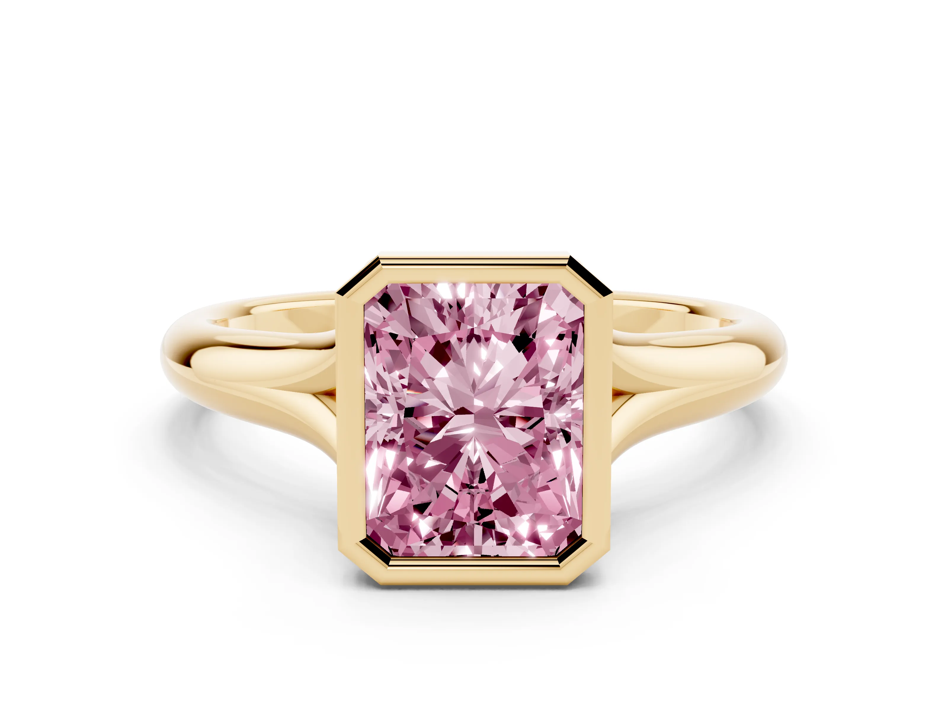 Fancy Pink Bezel Set Radiant Cut Diamond Solitaire Ring Set in Yellow gold with Smooth Band