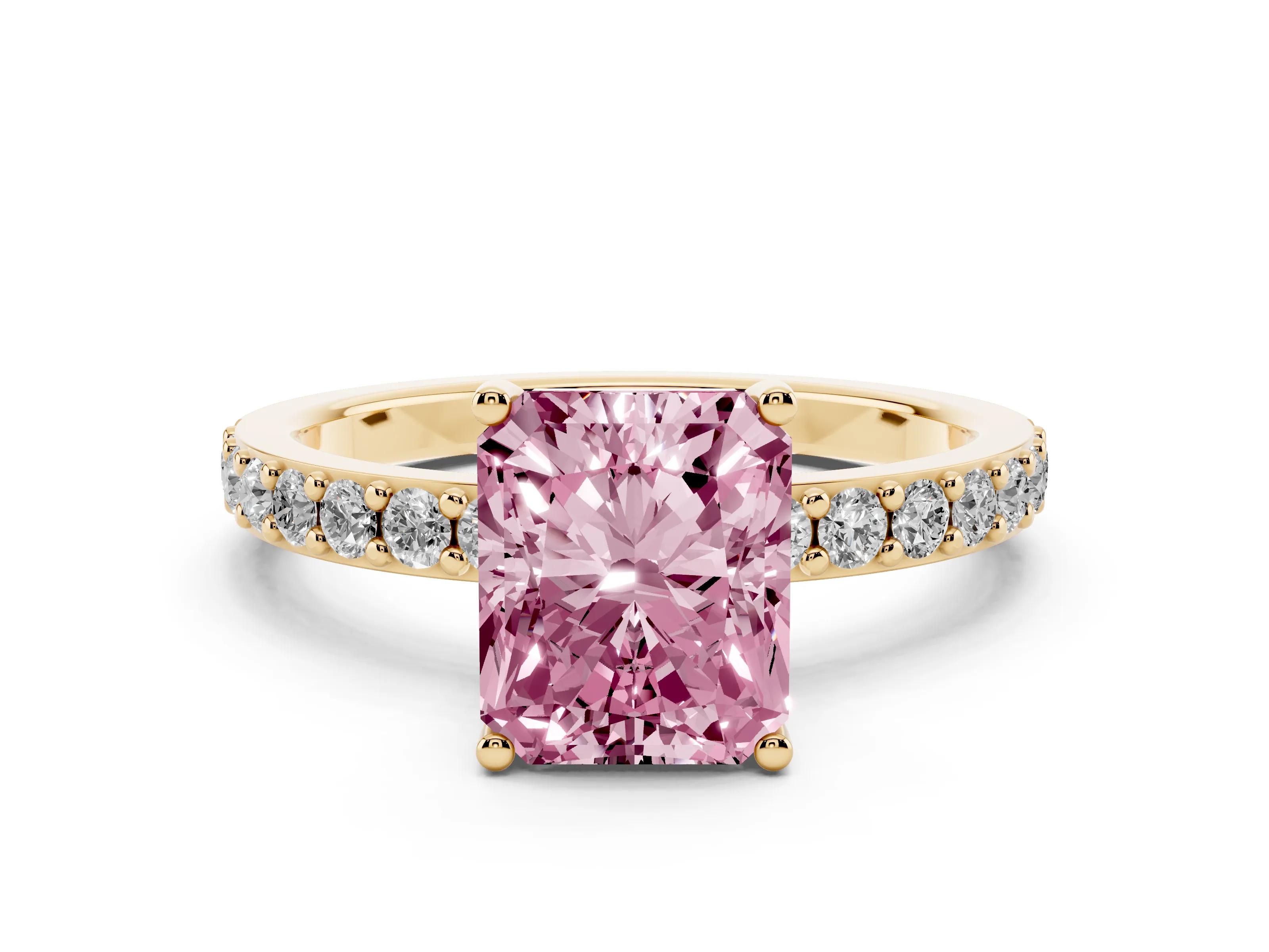 Fancy Pink Radiant Cut Diamond Solitaire Set in Yellow gold with Round Pavé Band and Prong Setting