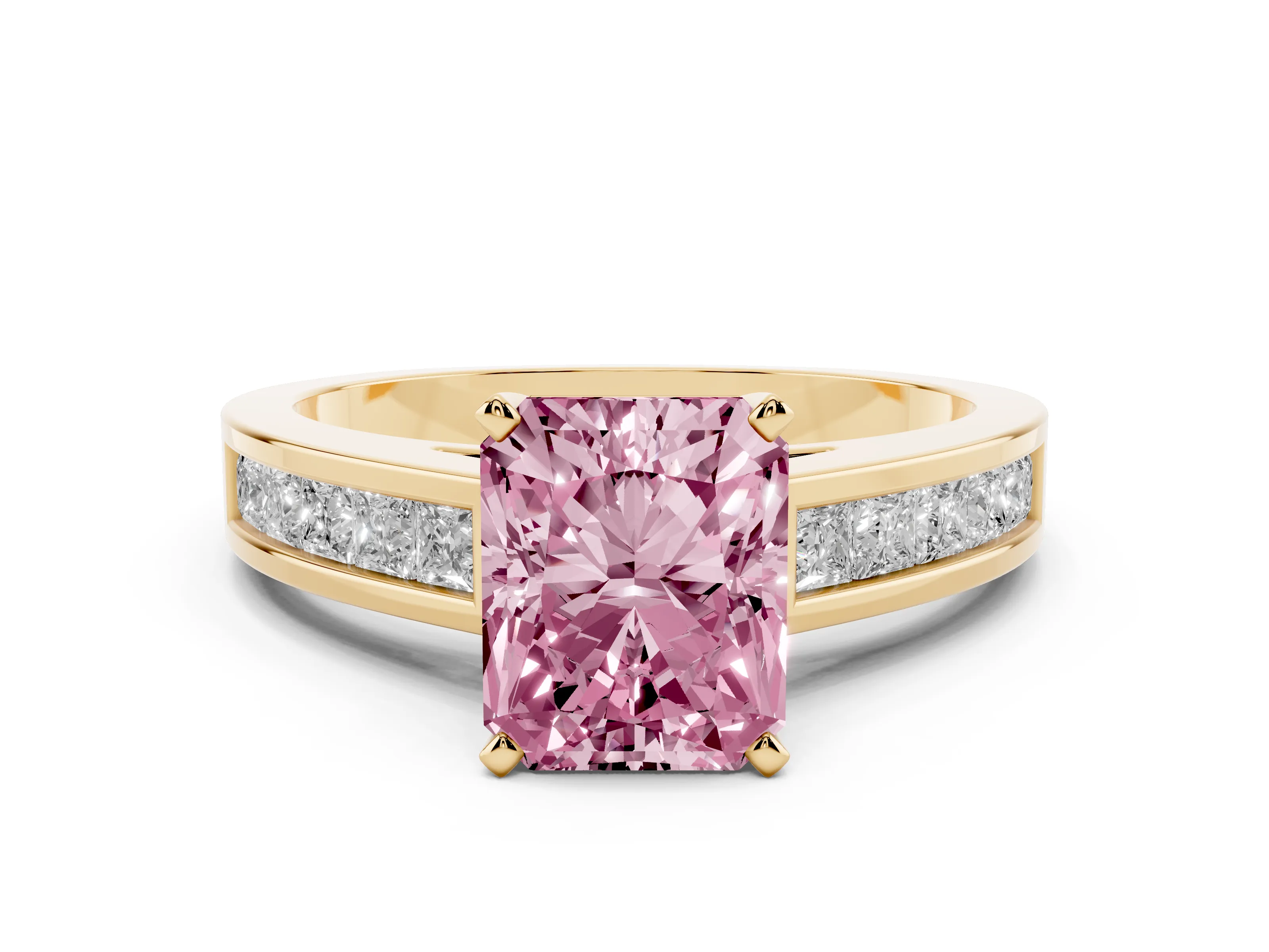 Fancy Pink Radiant Cut Diamond Solitaire Ring Set in Yellow gold with Channel-Set Band and Prong Setting