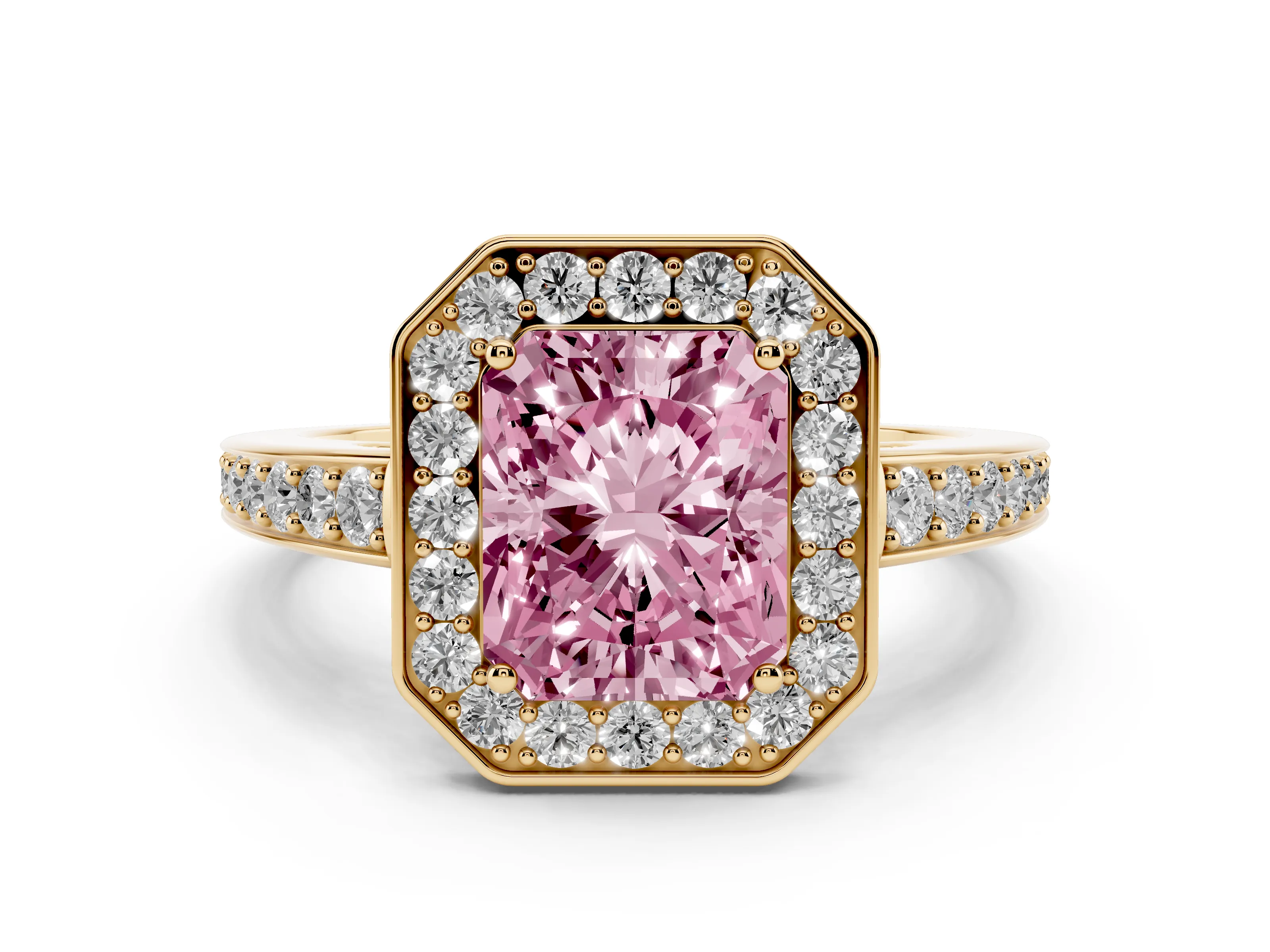 Fancy Pink Radiant Cut Diamond Halo Pavé Engagement Ring Set in Yellow gold with Bezel Setting