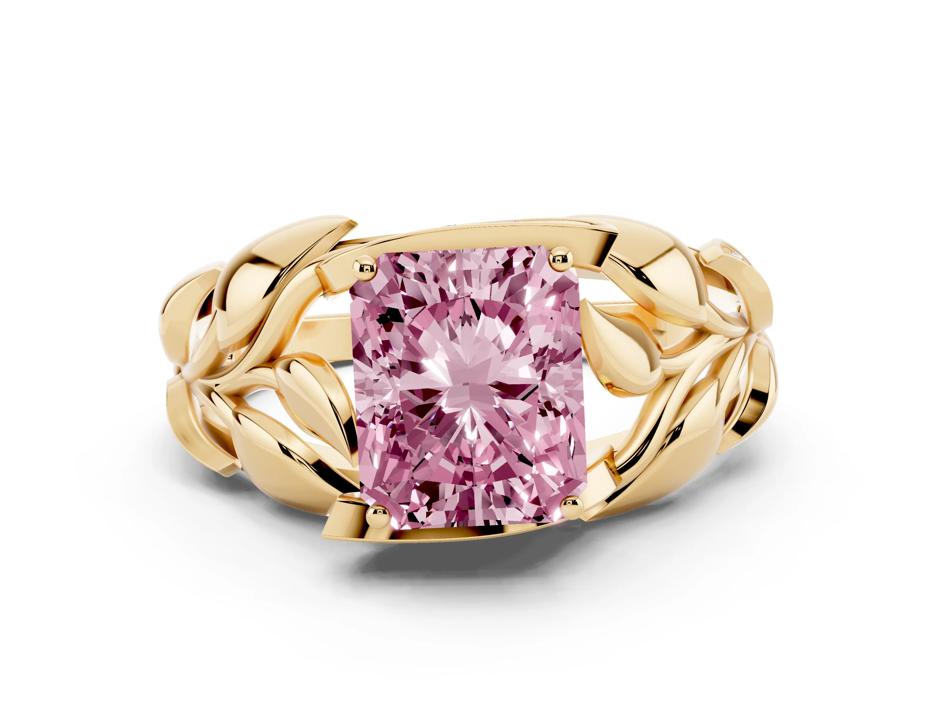 Fancy Pink Radiant Cut Diamond Leaf-Inspired Engagement Ring Set in Yellow gold with Round Accents