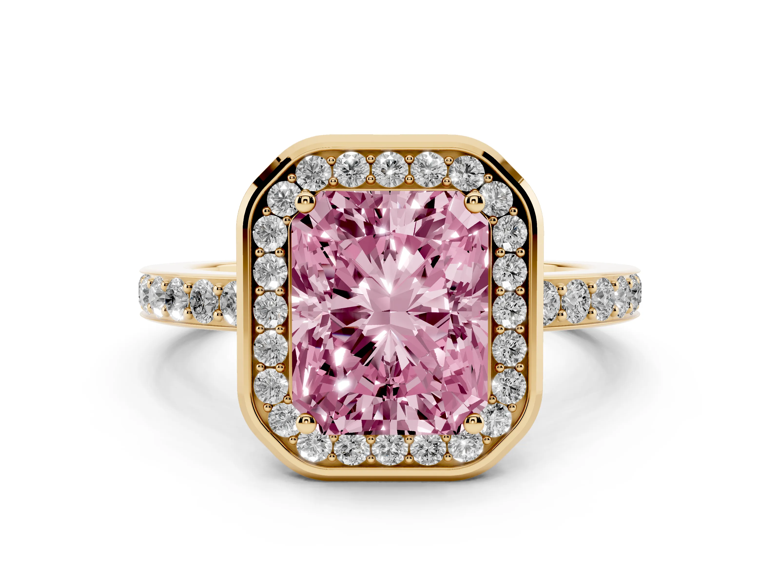 Fancy Pink Radiant Cut Diamond Halo Ring Set in Yellow gold with Bezel Frame and Pavé Band