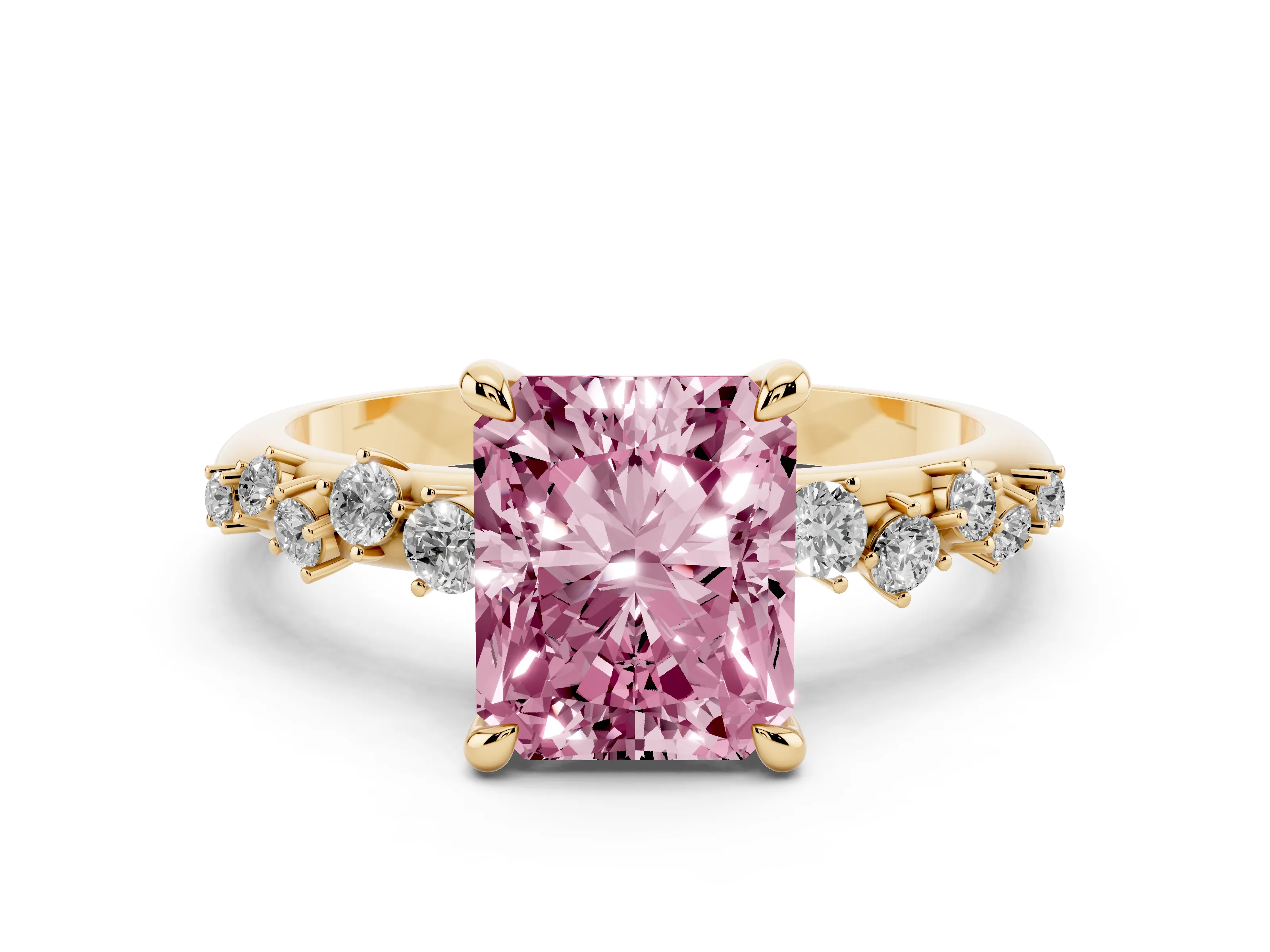 Fancy Pink Radiant Cut Diamond Solitaire Vine Band Ring Set in Yellow gold with Round Accents and Prong Setting