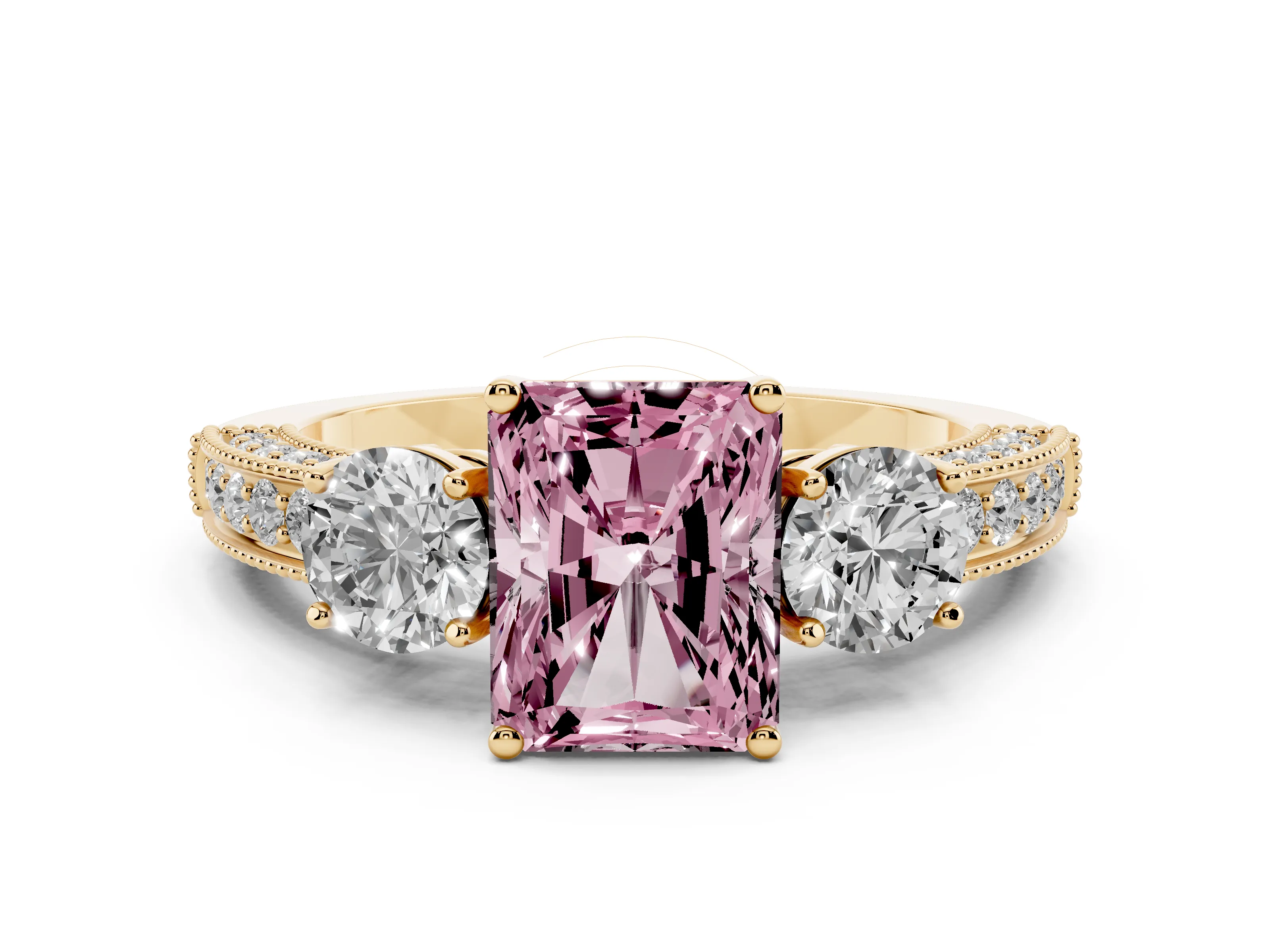 Fancy Pink Radiant Cut Diamond Three-Stone Ring Set in Yellow gold with Round Side Stones and Pavé Band