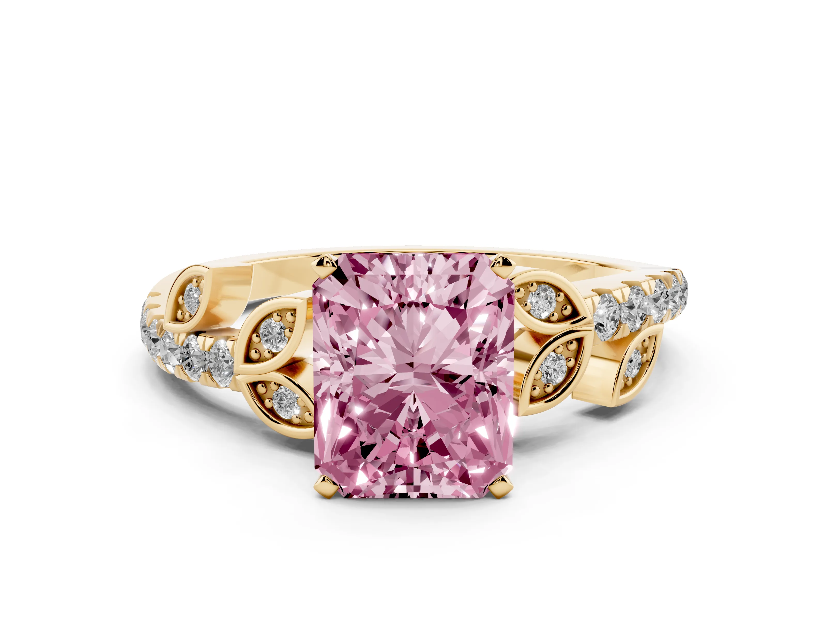 Fancy Pink Radiant Cut Diamond Solitaire Leaf-Inspired Ring Set in Yellow gold with Pavé Band and Prong Setting
