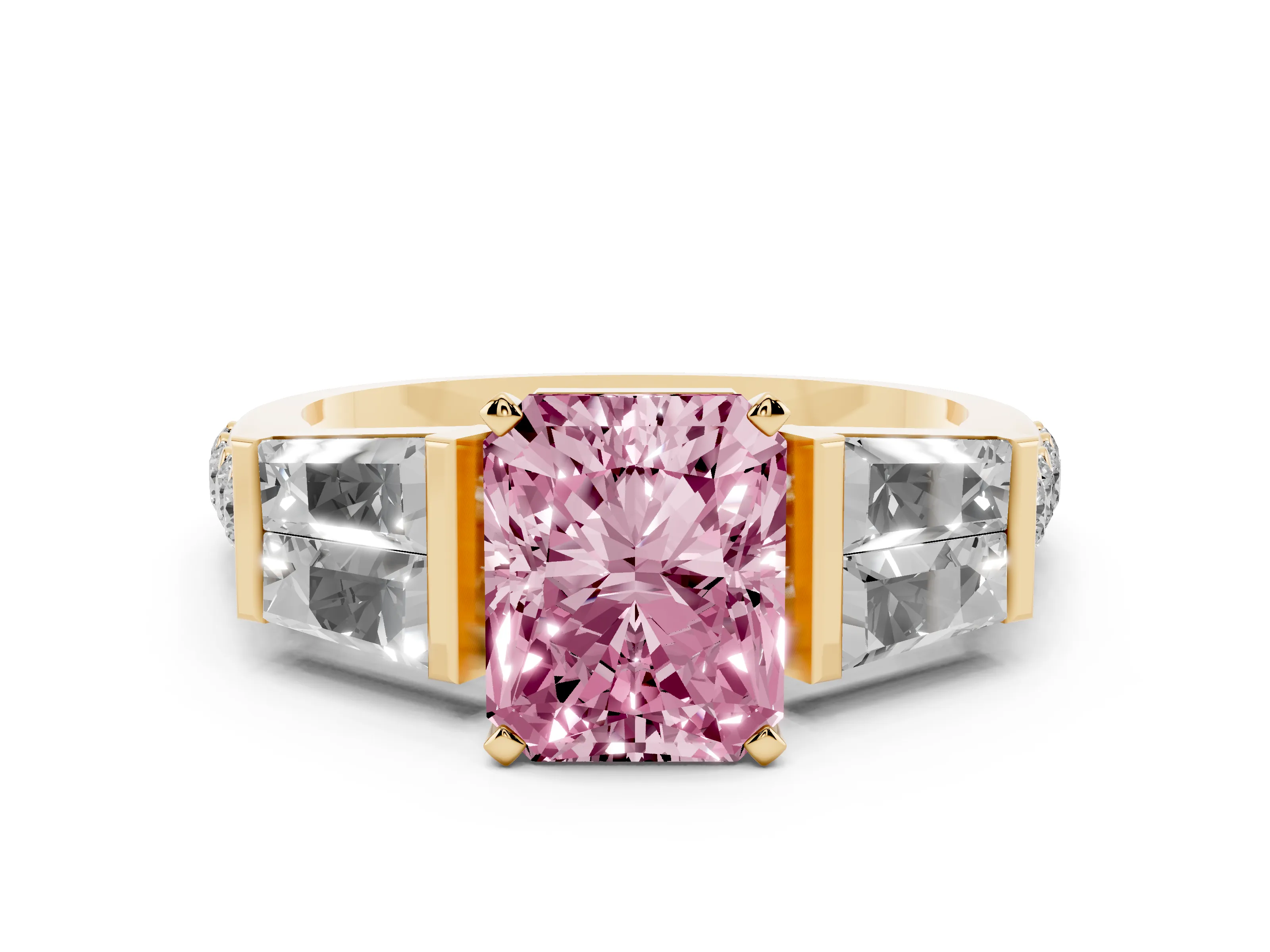 Fancy Pink Radiant Cut Diamond Engagement Ring Set in Yellow gold with Baguette Side Stones and Channel Set Band
