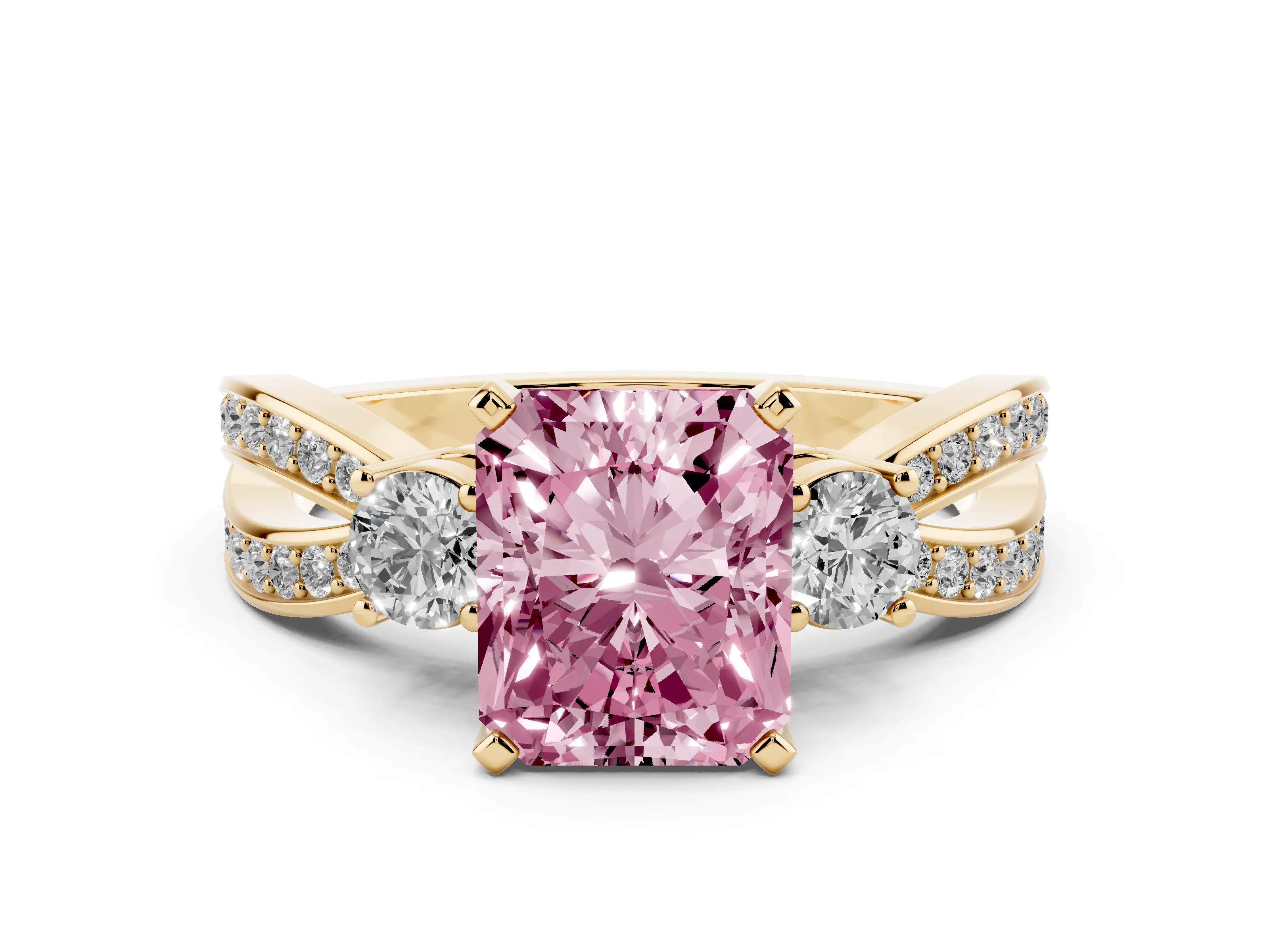 Fancy Pink Three-Stone Radiant Cut Diamond Twist Band Ring Set in Yellow gold with Pavé Accents and Prong Setting