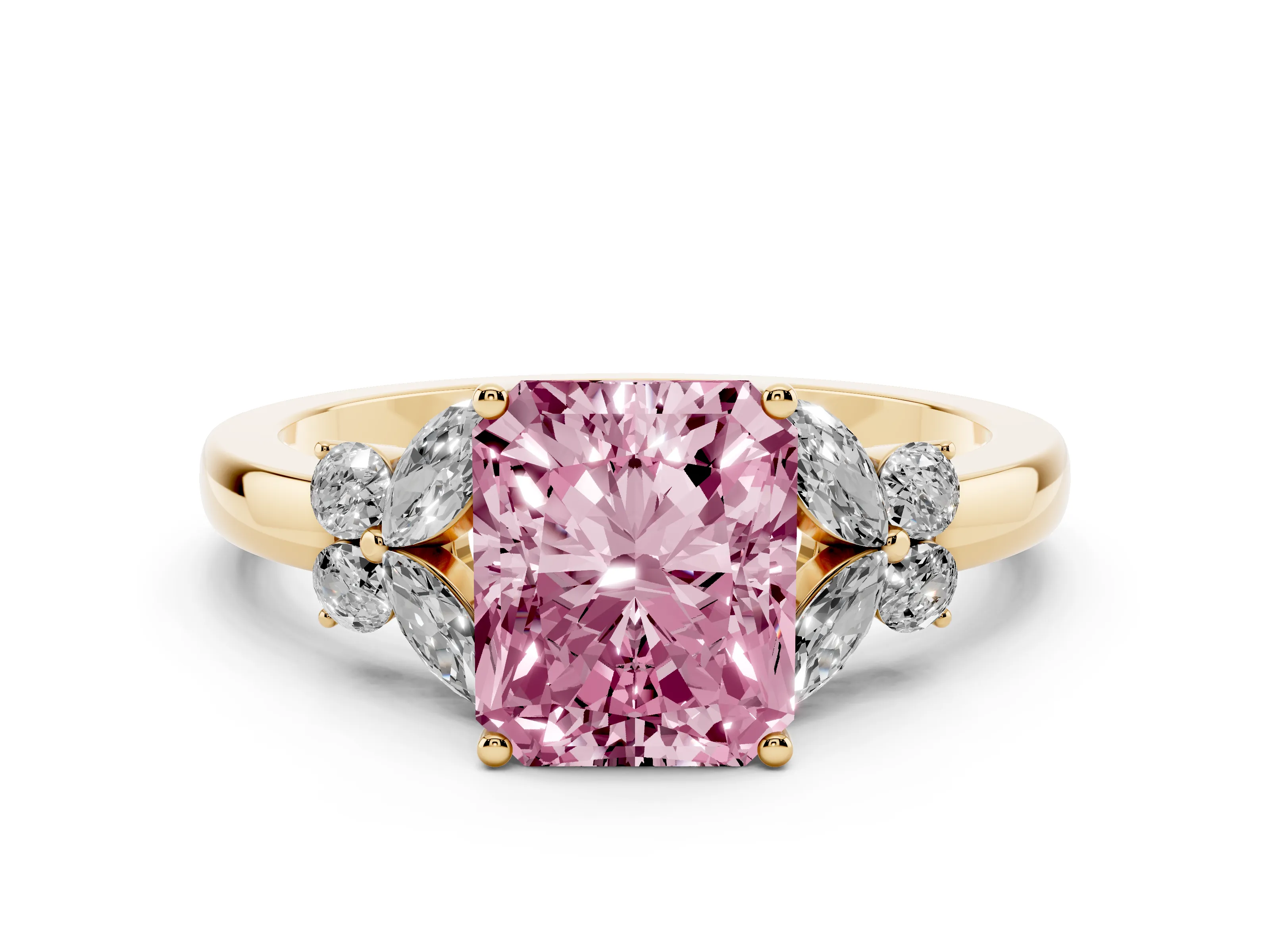 Fancy Pink Radiant Cut Diamond Solitaire Floral Ring Set in Yellow gold with Marquise Petals and Prong Setting