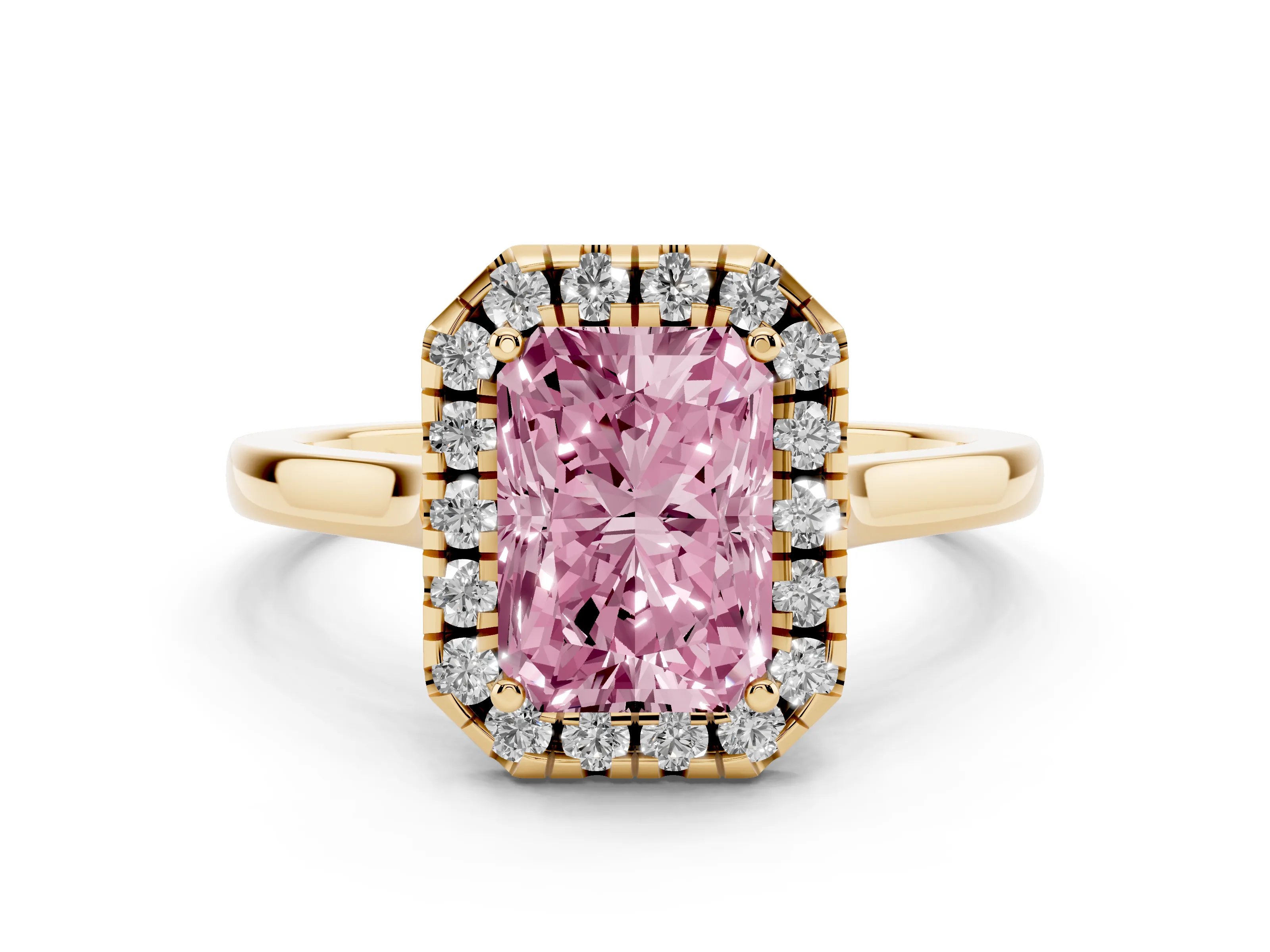 Fancy Pink Radiant Cut Halo Round Diamond Solitaire Ring Set in Yellow gold with Pavé Band and Prong Setting