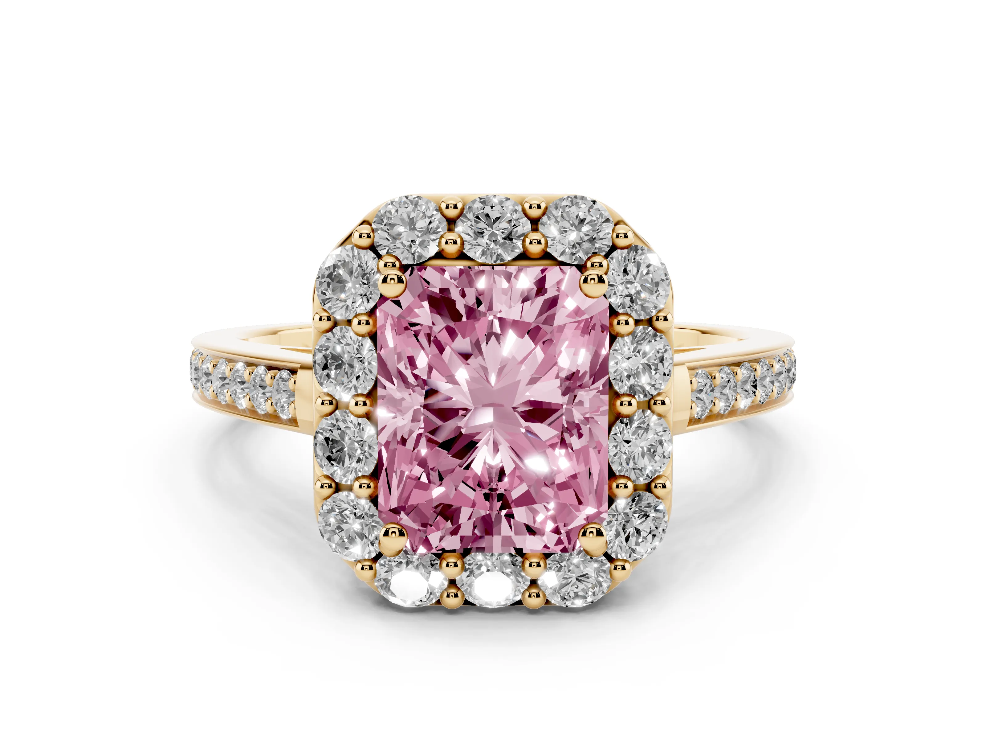 Fancy Pink Radiant Cut Diamond Floral Halo Ring Set in Yellow gold with Pavé Band and Prong Setting