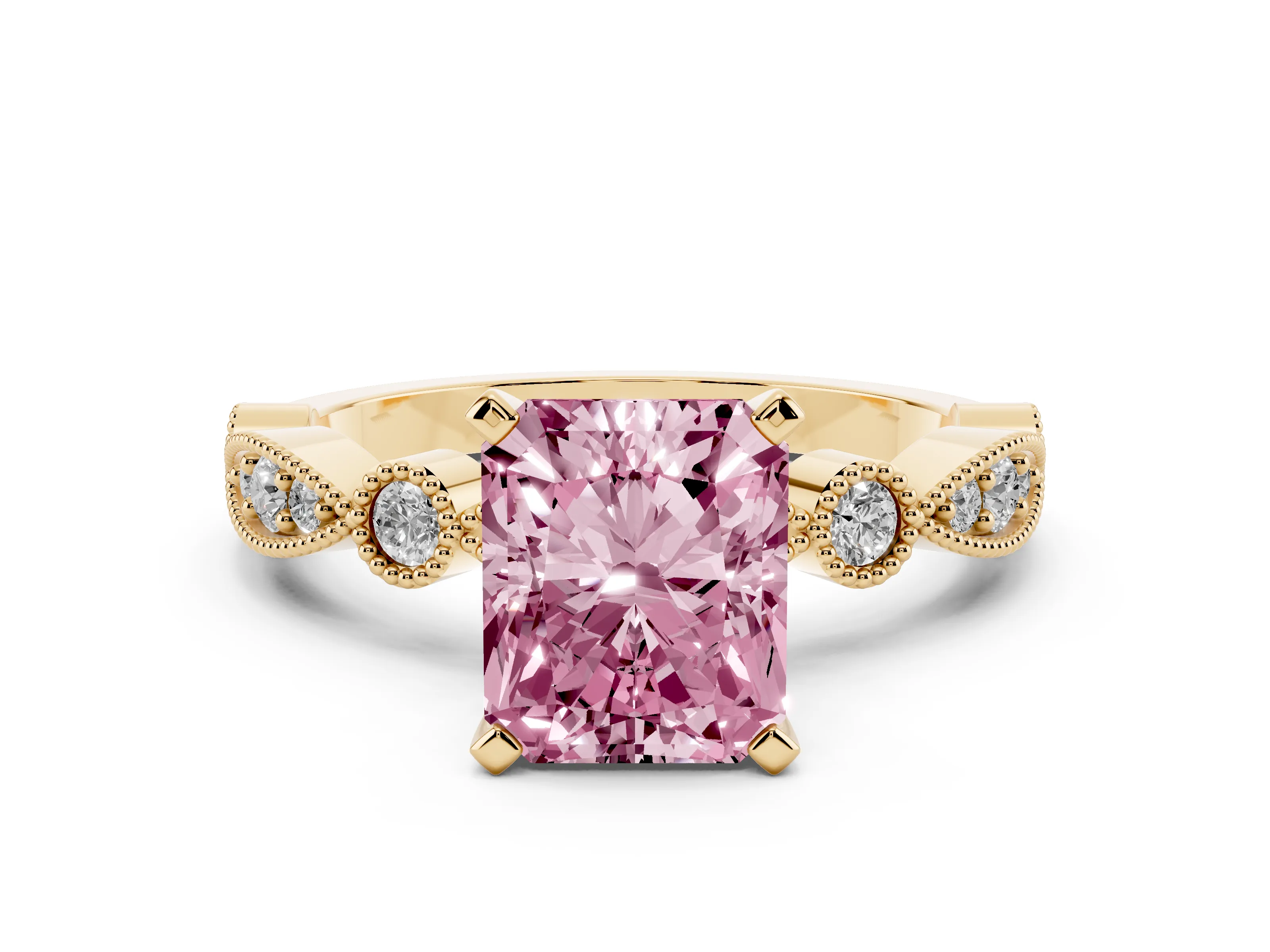 Fancy Pink Radiant Cut Diamond Solitaire Engagement Ring Set in Yellow gold with Milgrain Bezel Accent Band