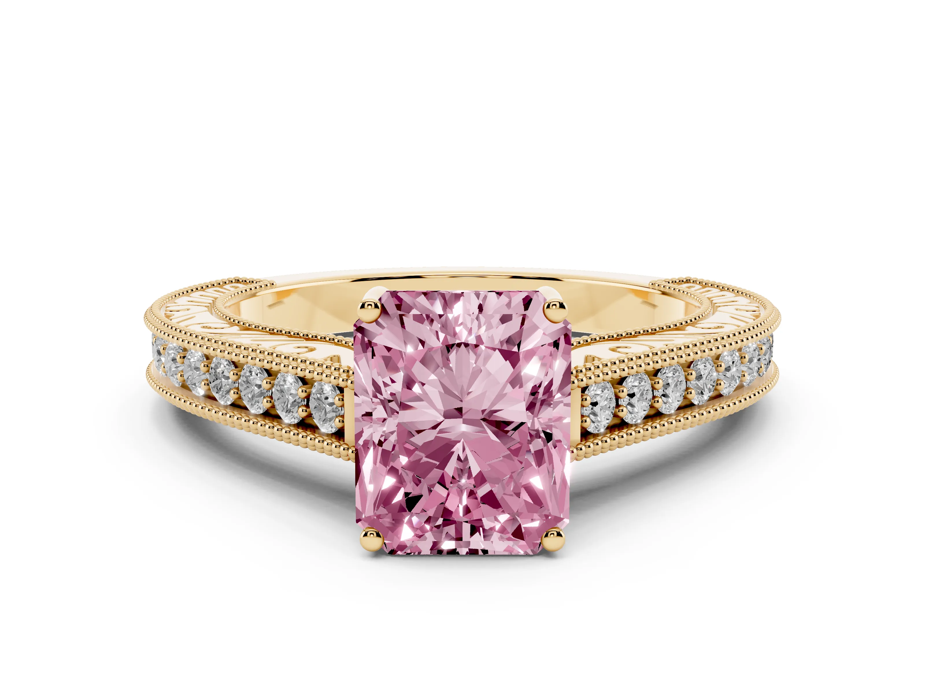 Fancy Pink Radiant Cut Diamond Milgrain Pavé Band Solitaire Ring Set in Yellow gold with Prong Setting