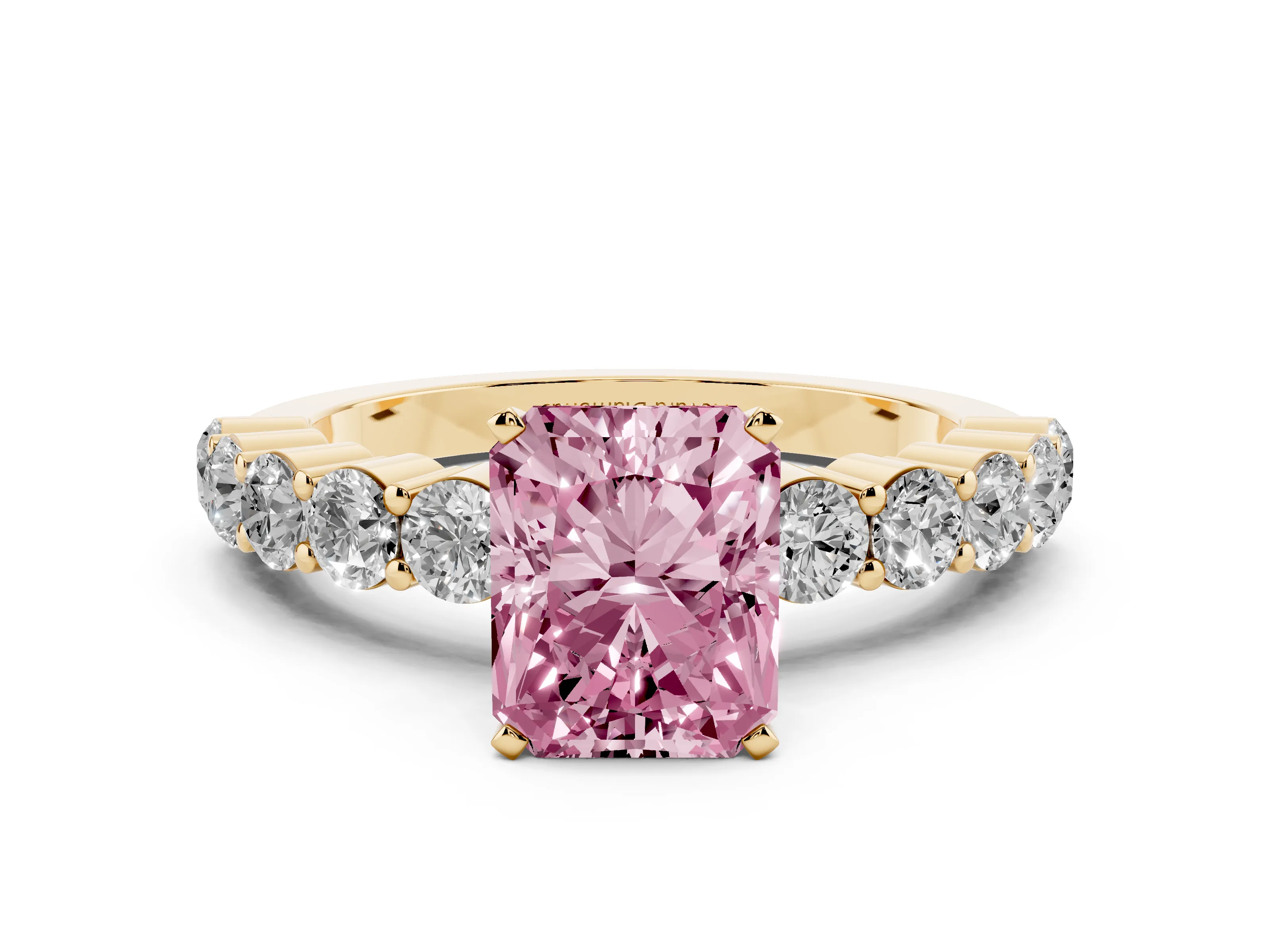 Fancy Pink Radiant Cut Diamond Solitaire Ring Set in Yellow gold with Shared Prong Round Side Stones