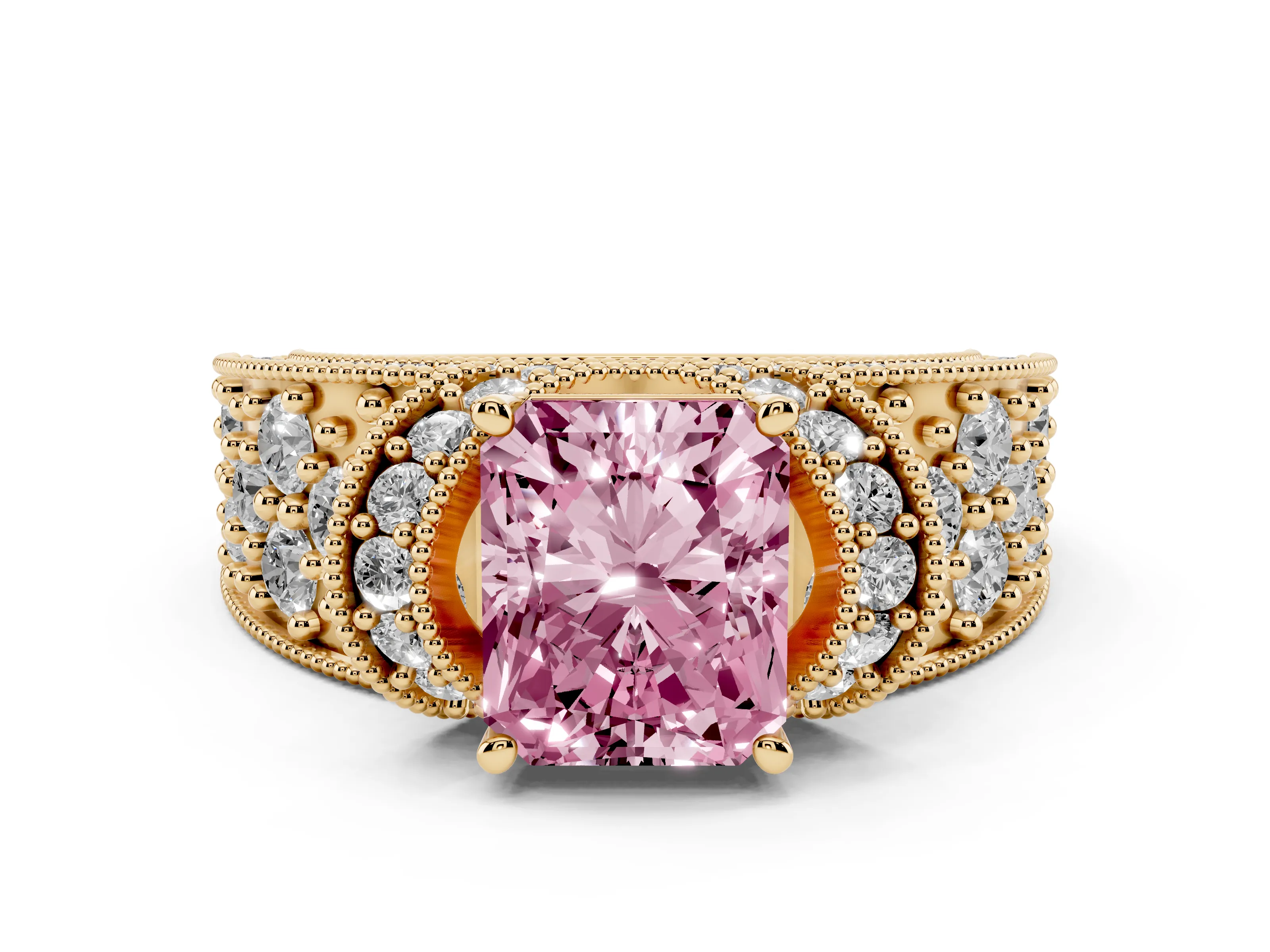 Fancy Pink Radiant Cut Diamond Milgrain Halo Pavé Engagement Ring Set in Yellow gold with Prong Setting