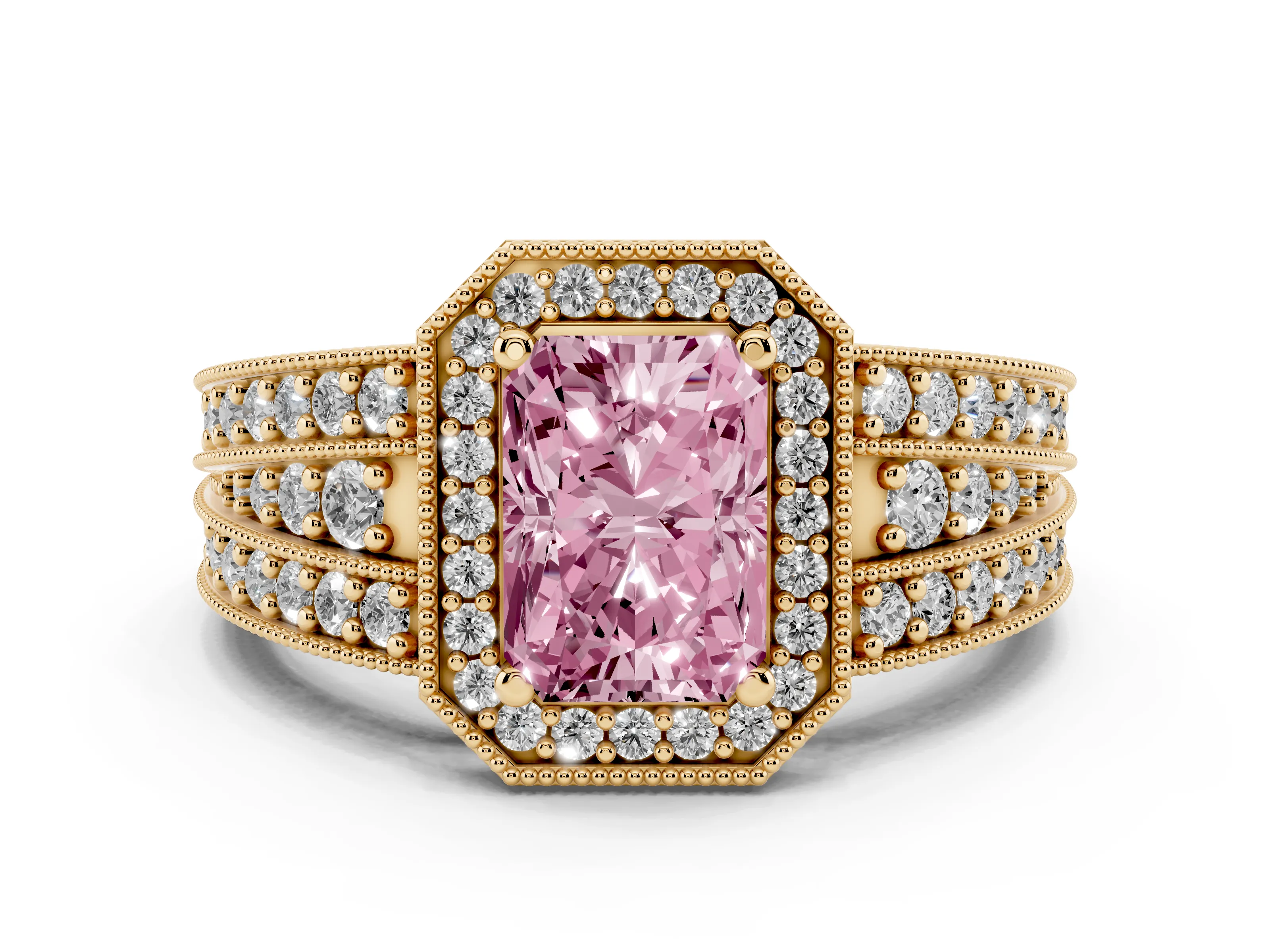 Fancy Pink Radiant Cut Diamond Halo Ring Set in Yellow gold with Accent Split Shank and Prong Setting