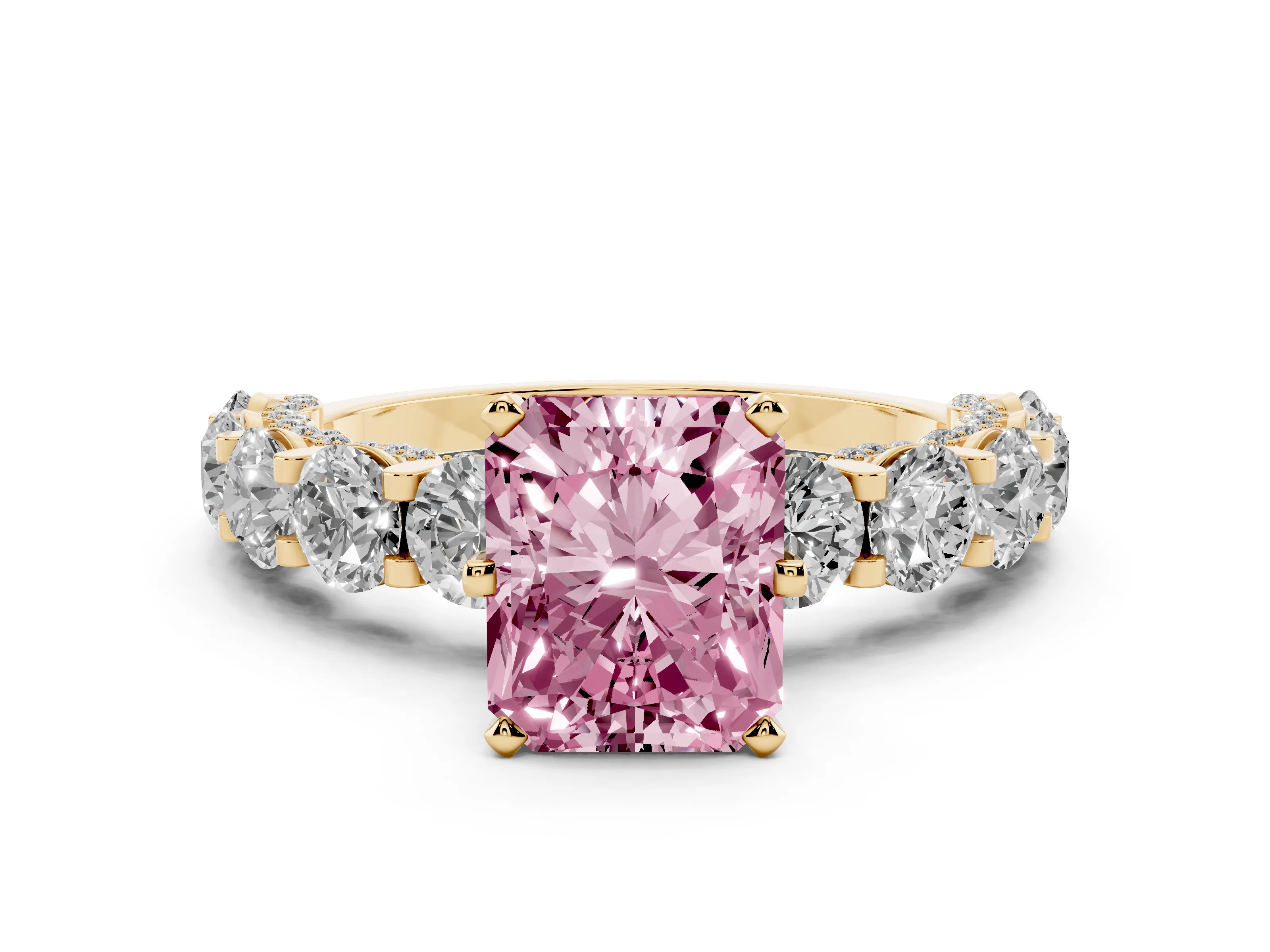 Fancy Pink Radiant Cut Diamond Side Stone Ring Set in Yellow gold with Alternating Round and Oval Side Stones