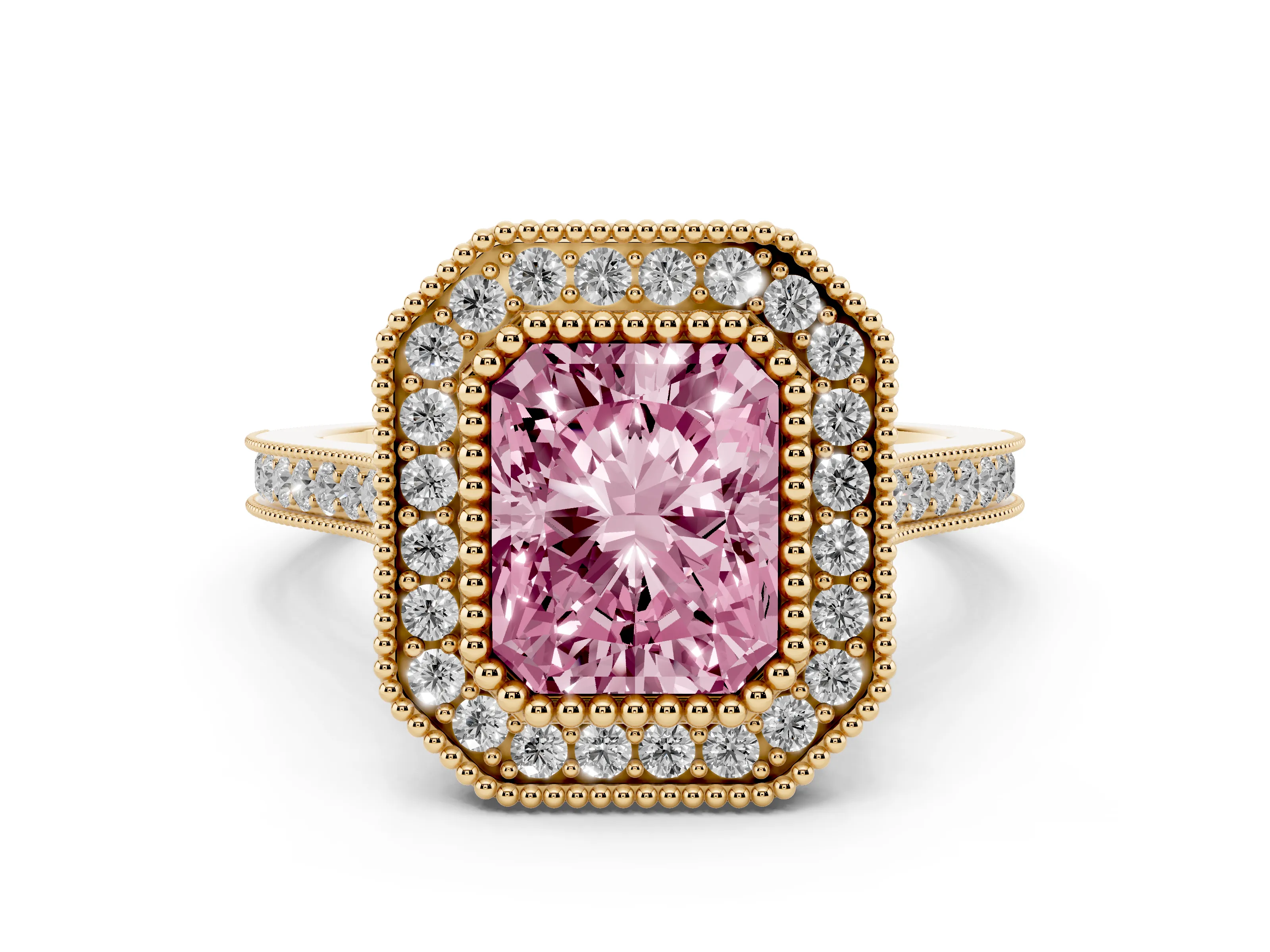 Fancy Pink Radiant Cut Diamond Halo Ring Set in Yellow gold with Milgrain Frame and Pavé Band
